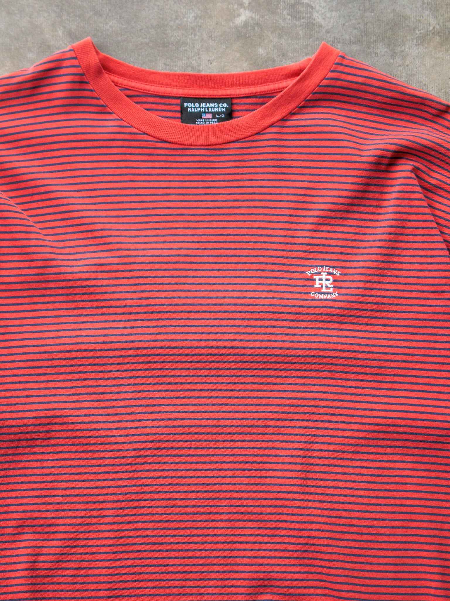 Vintage 90s Red Polo Ralph Lauren Striped Tee (L)