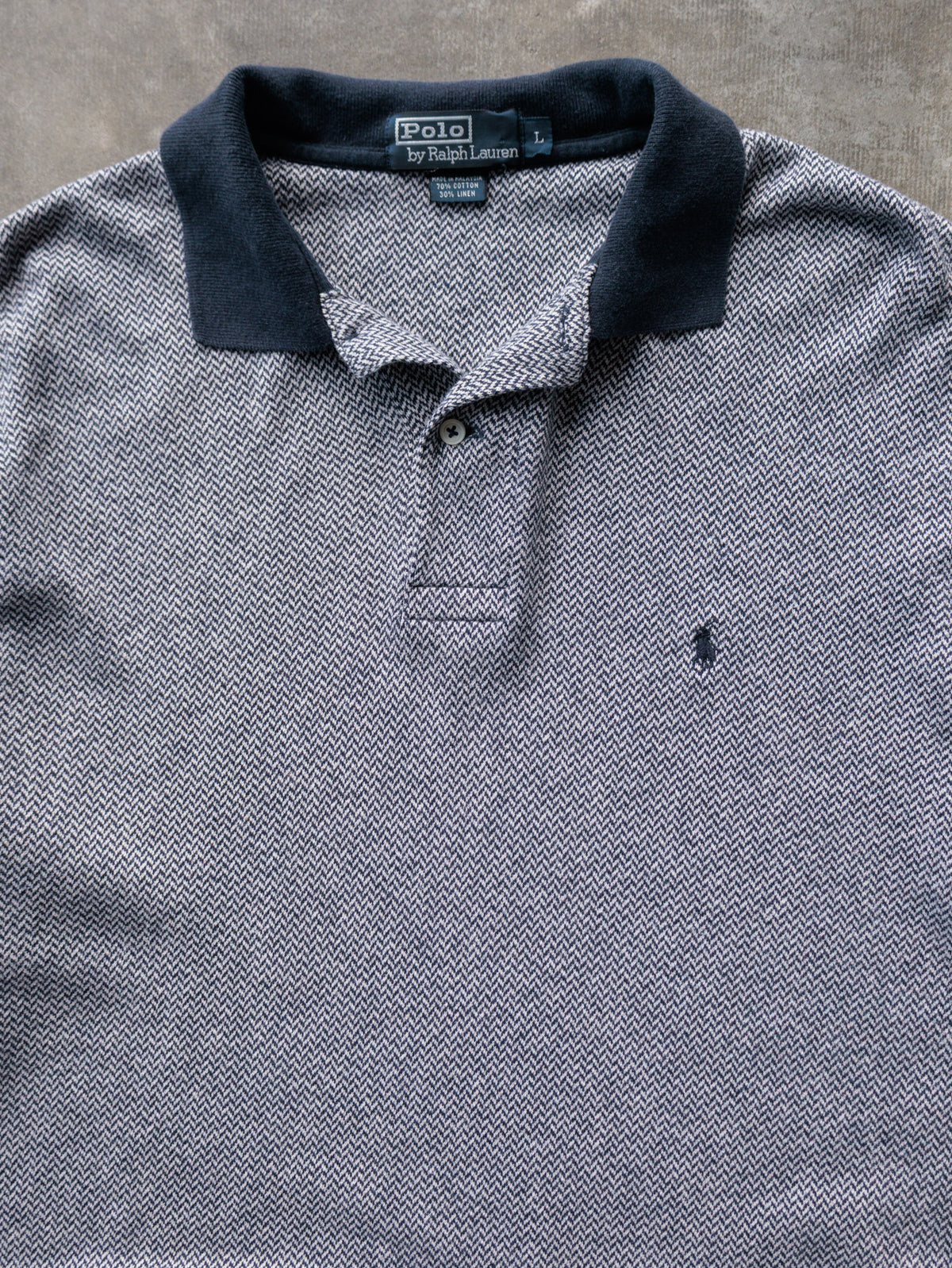 Vintage 00s Grey Herringbone Polo Ralph Lauren Long Sleeve Polo Shirt (L)