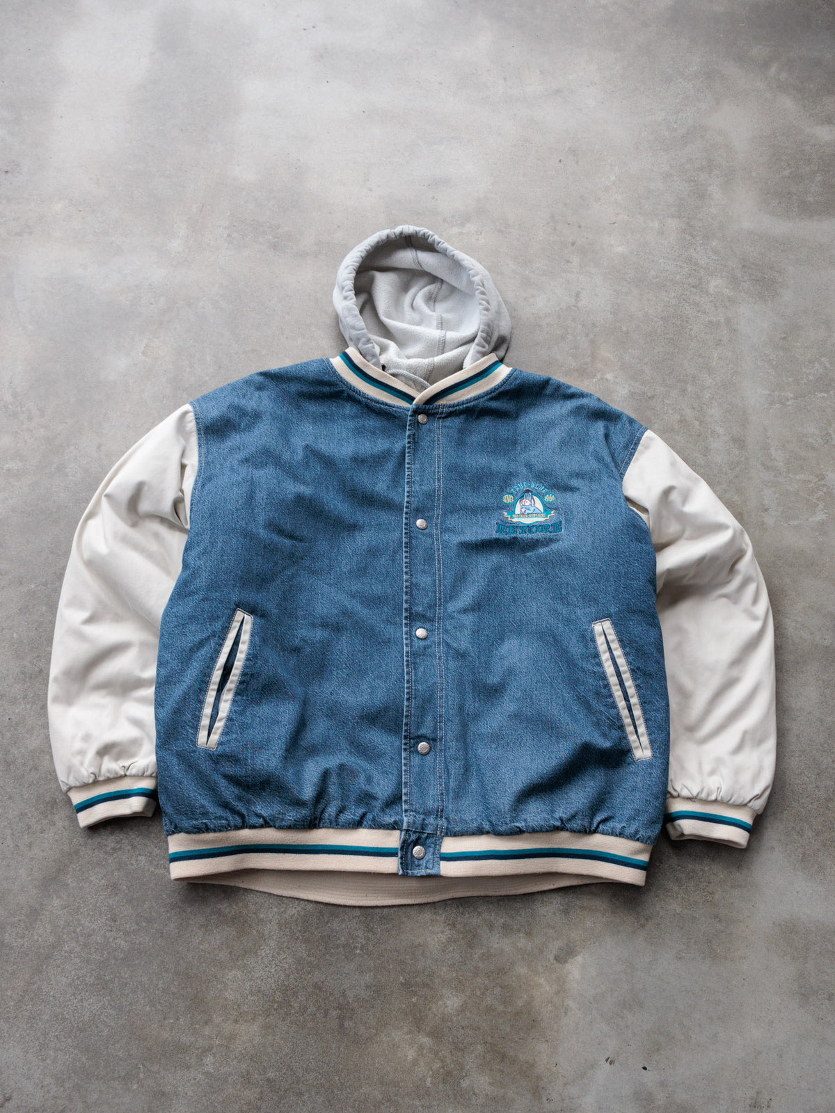 Vintage 90s Denim & Beige Disney Eeyore Varsity Jacket (XL)