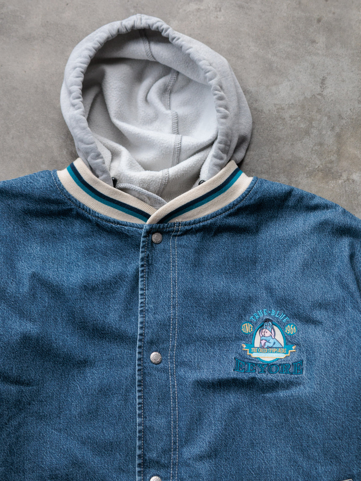 Vintage 90s Denim & Beige Disney Eeyore Varsity Jacket (XL)