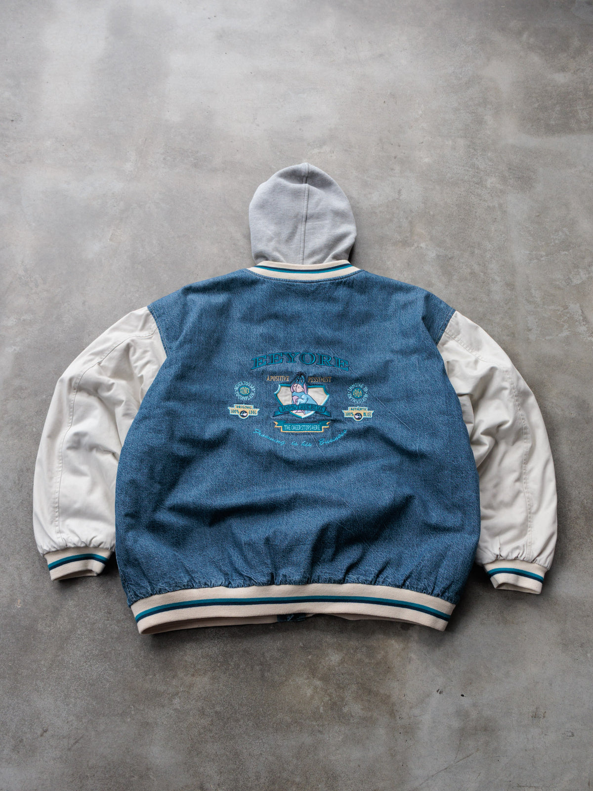 Vintage 90s Denim & Beige Disney Eeyore Varsity Jacket (XL)