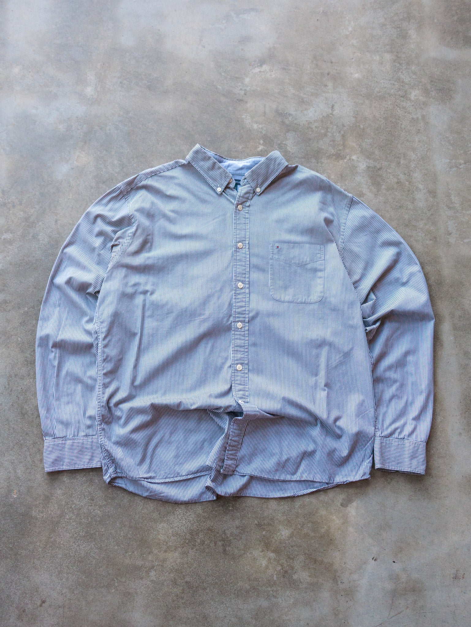 Vintage Blue & White Striped Tommy Hilfiger Shirt (XL)