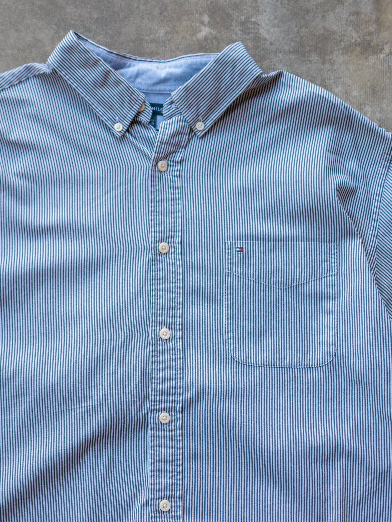 Vintage Blue & White Striped Tommy Hilfiger Shirt (XL)