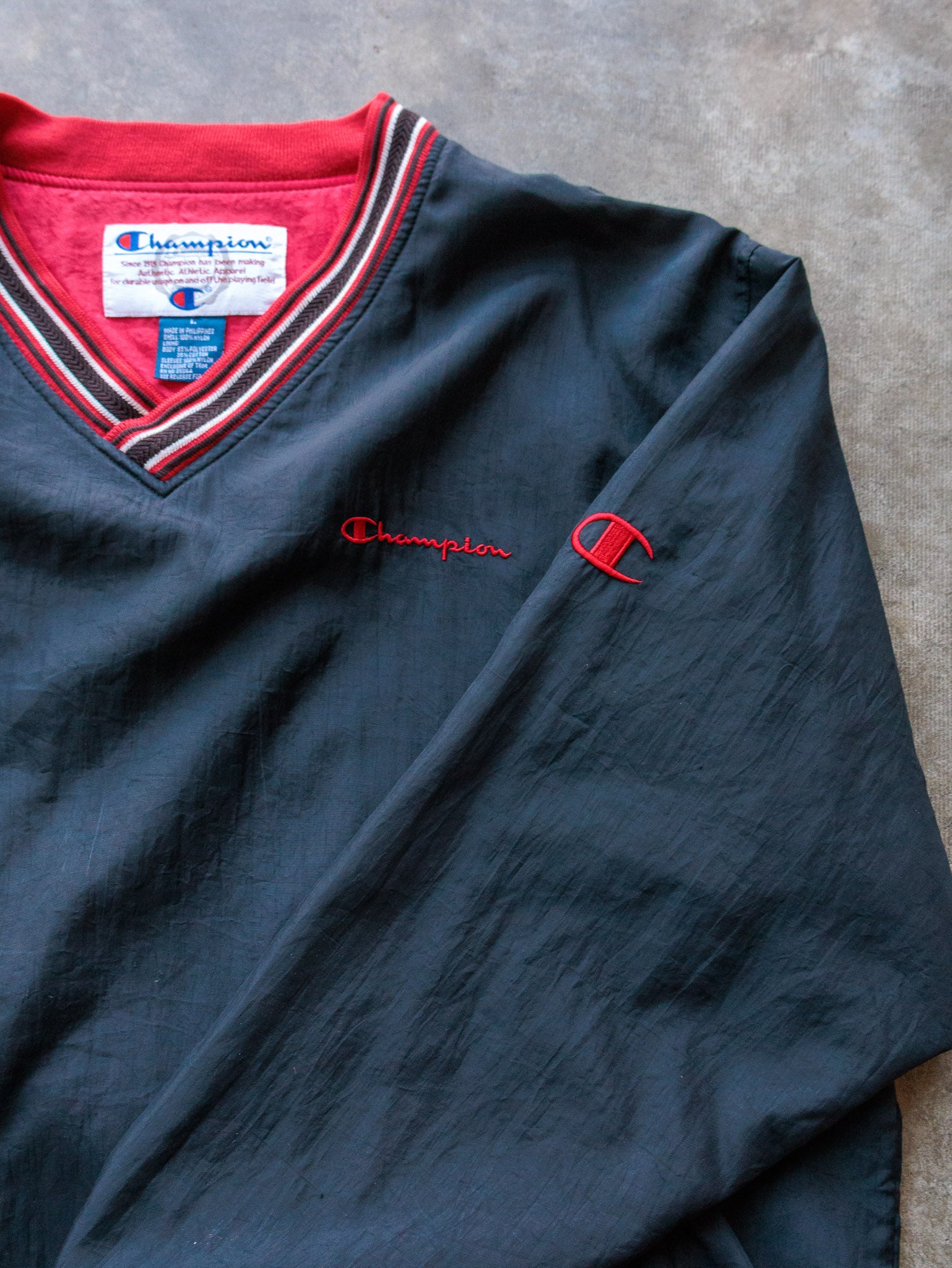 Vintage 90s Black Champion V-Neck Windbreaker (L)