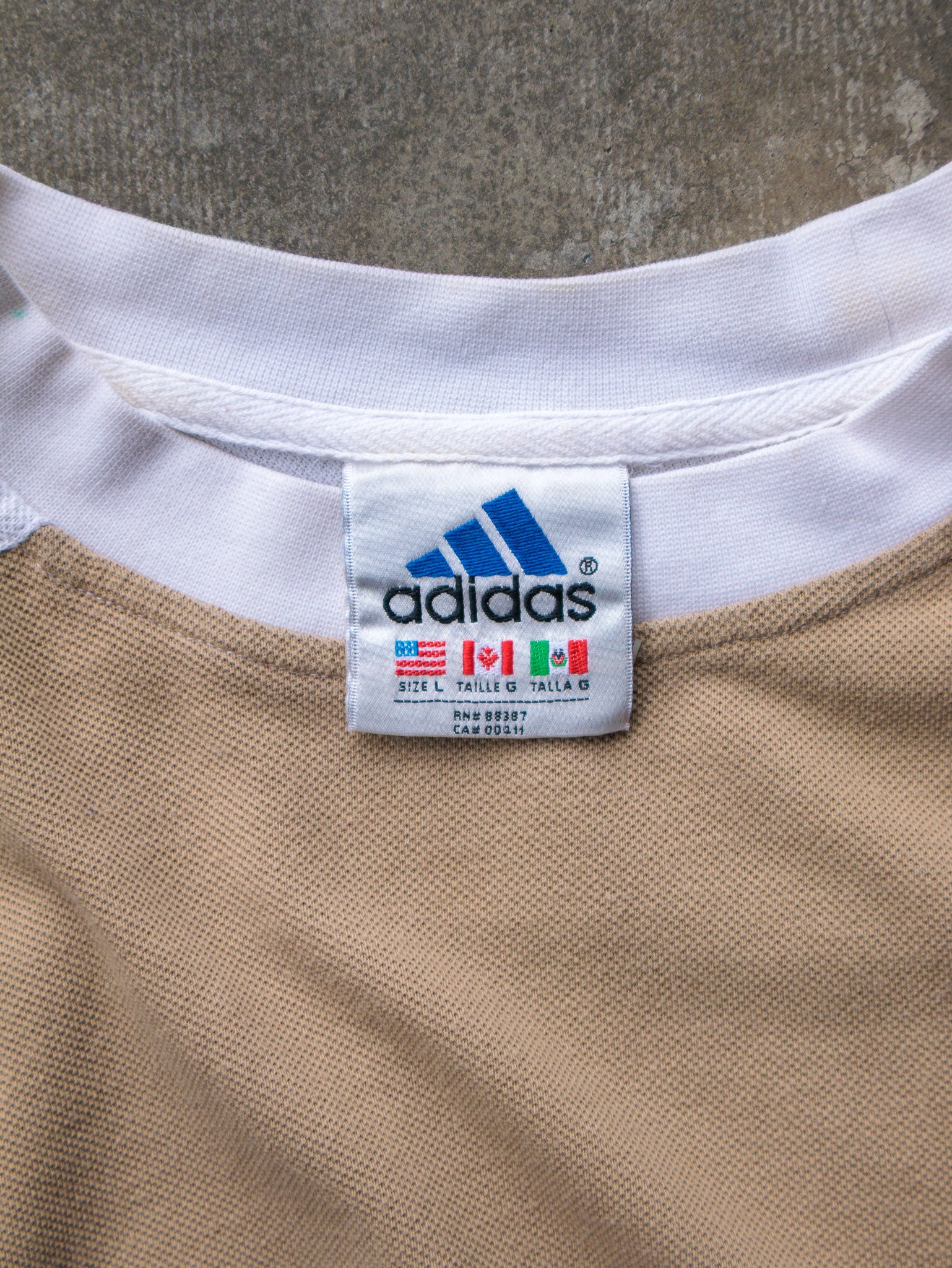 Vintage 90s Tan Adidas 3-Stripe Tee (L)