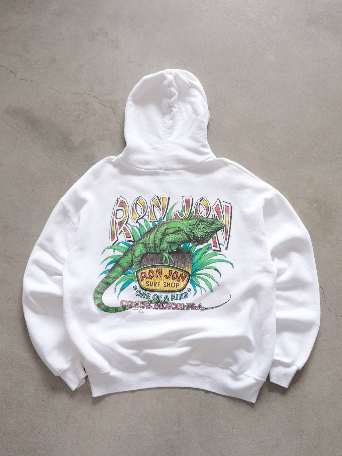 Vintage White Ron Jon Surf Shop Cocoa Beach Iguana Hoodie (-)