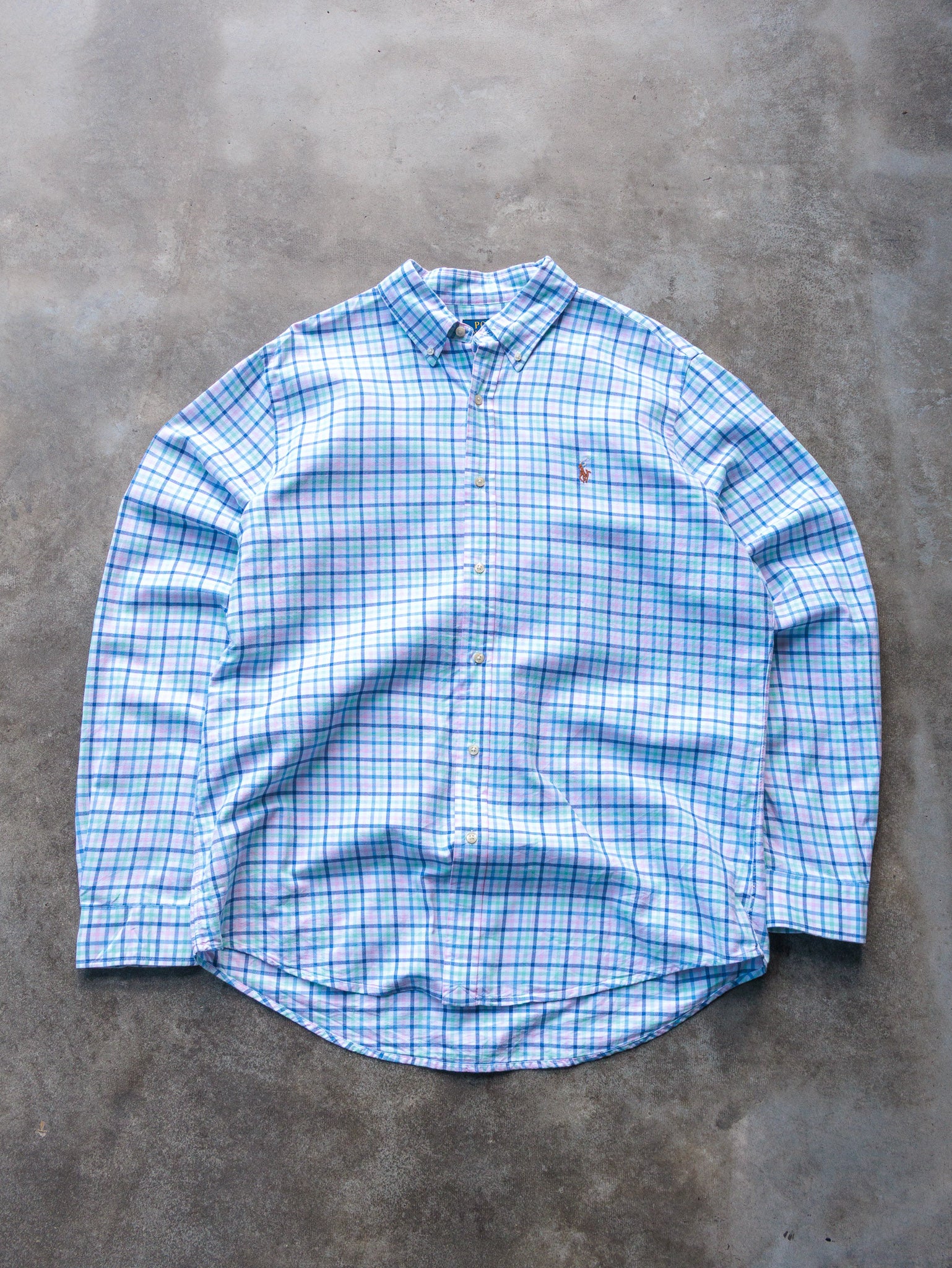 Vintage Blue Multicolor Plaid Polo Ralph Lauren Shirt (XL)