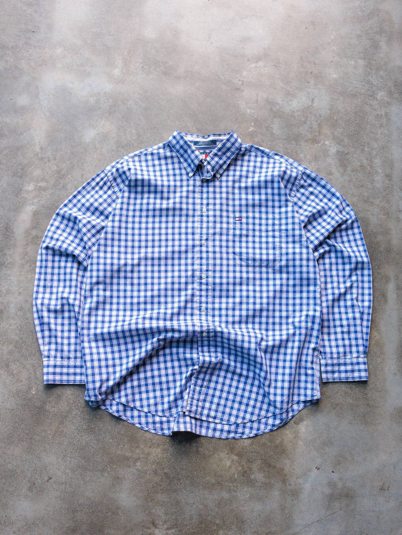 Vintage 00s Blue & White Plaid Tommy Hilfiger Shirt (XL)