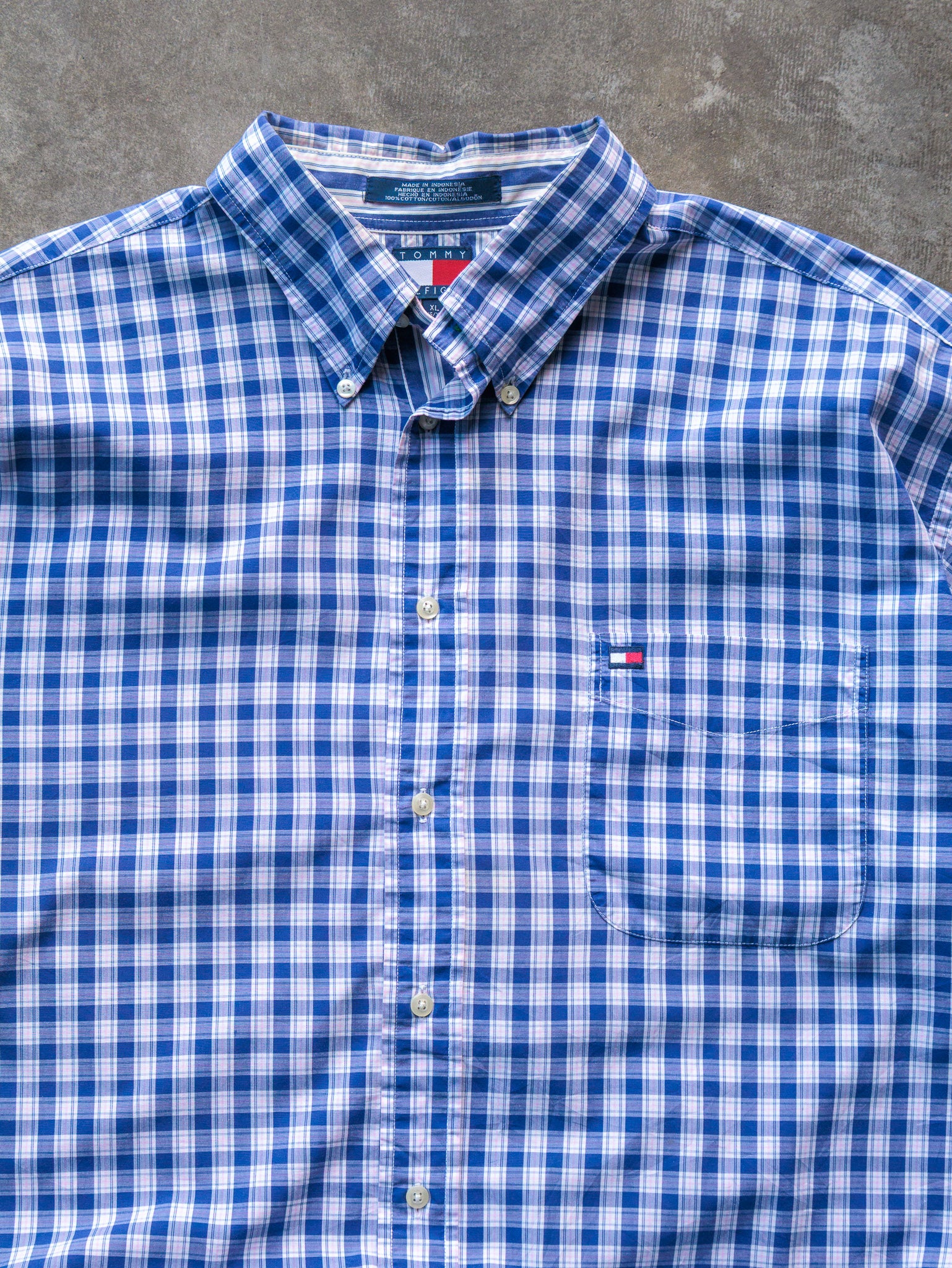 Vintage 00s Blue & White Plaid Tommy Hilfiger Shirt (XL)