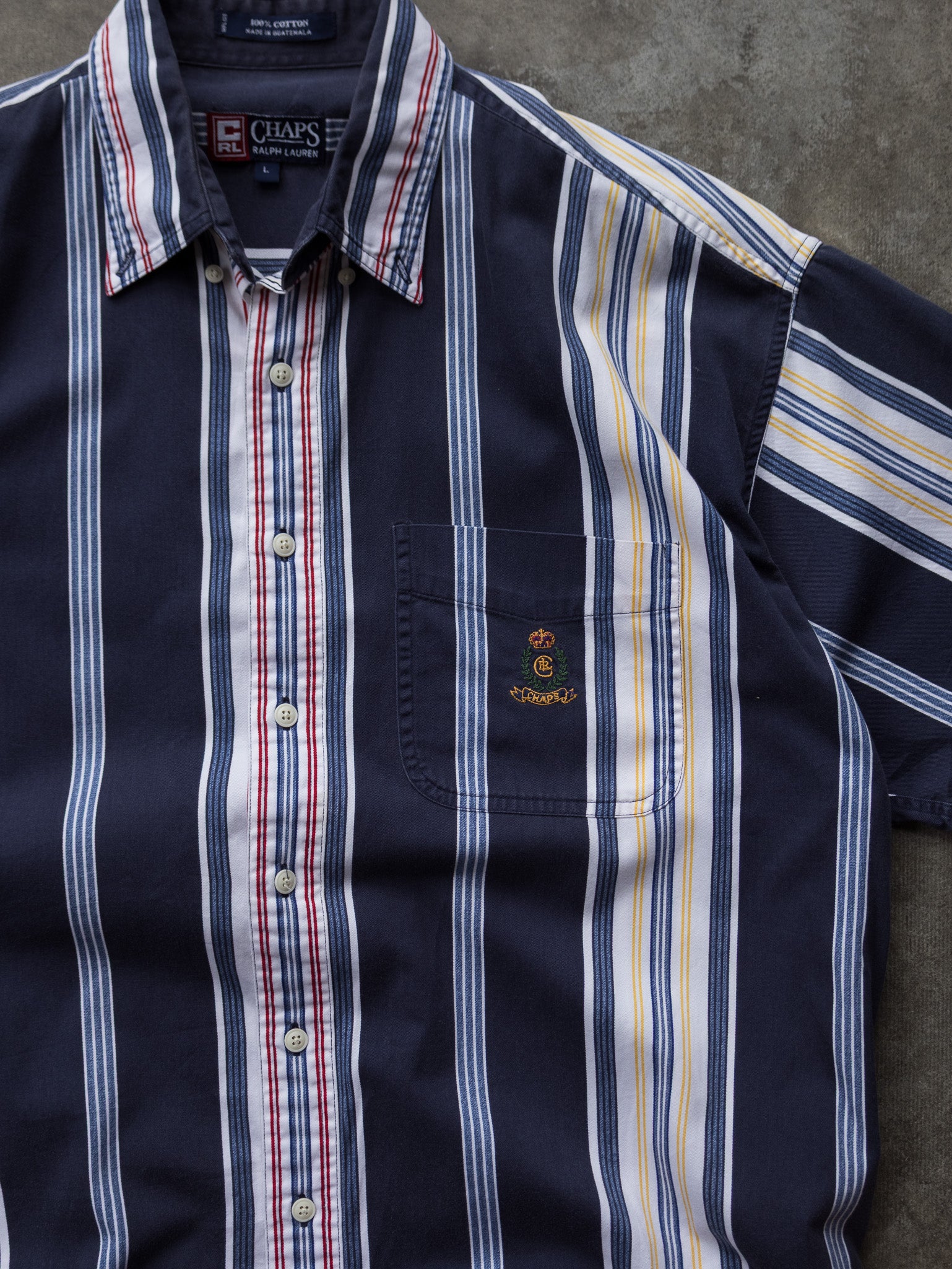 Vintage 90s Navy Chaps Ralph Lauren Multi Stripe Short Sleeve Shirt (L)