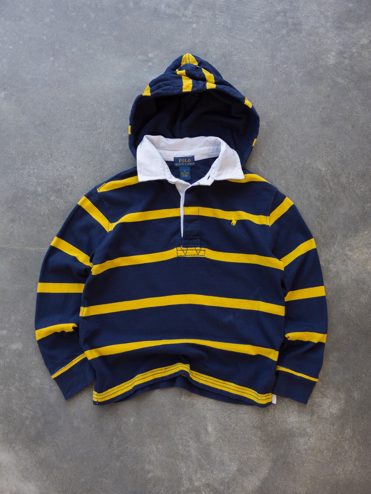 Vintage Navy and Yellow Ralph Lauren Rugby Hoodie (5Y)