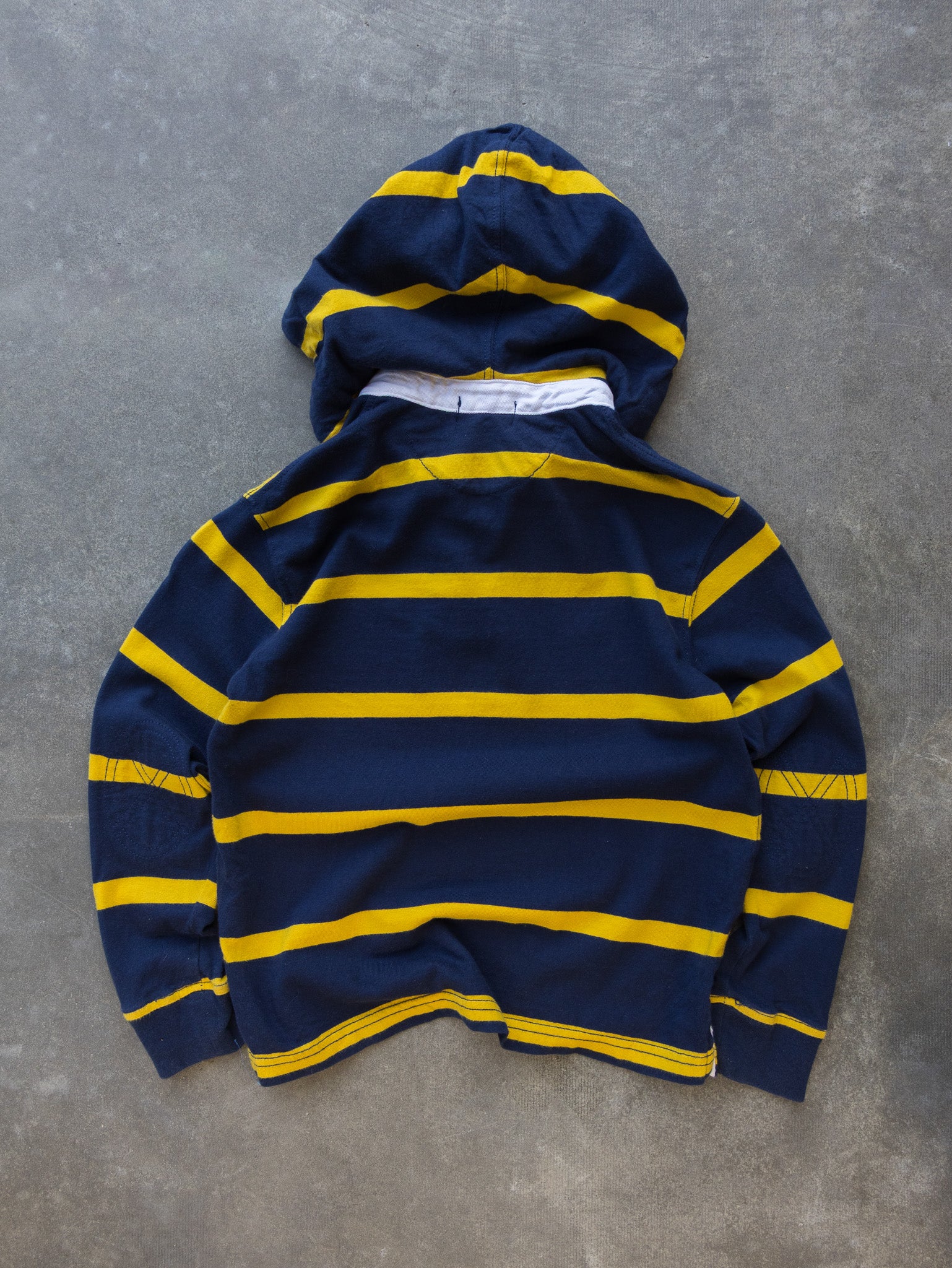 Vintage Navy and Yellow Ralph Lauren Rugby Hoodie (5Y)