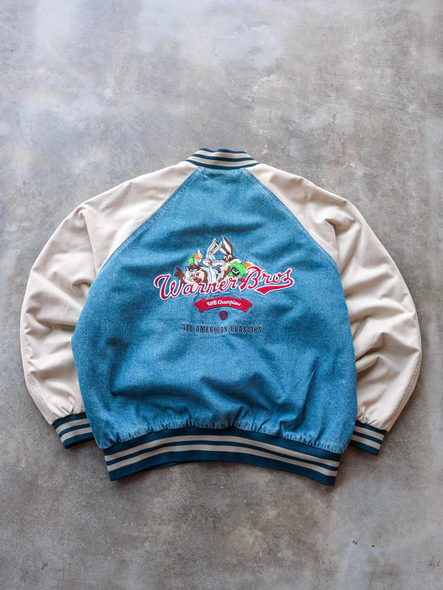 Vintage 90s Blue & Cream Warner Bros. Varsity Jacket (2XL)