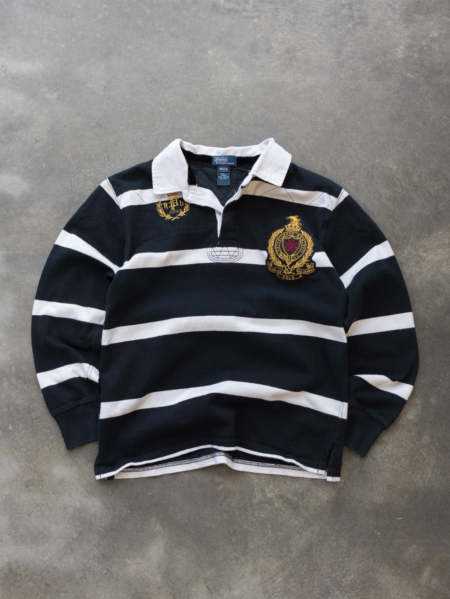Vintage Ralph Lauren Black & White Striped Rugby Shirt (12–14Y)