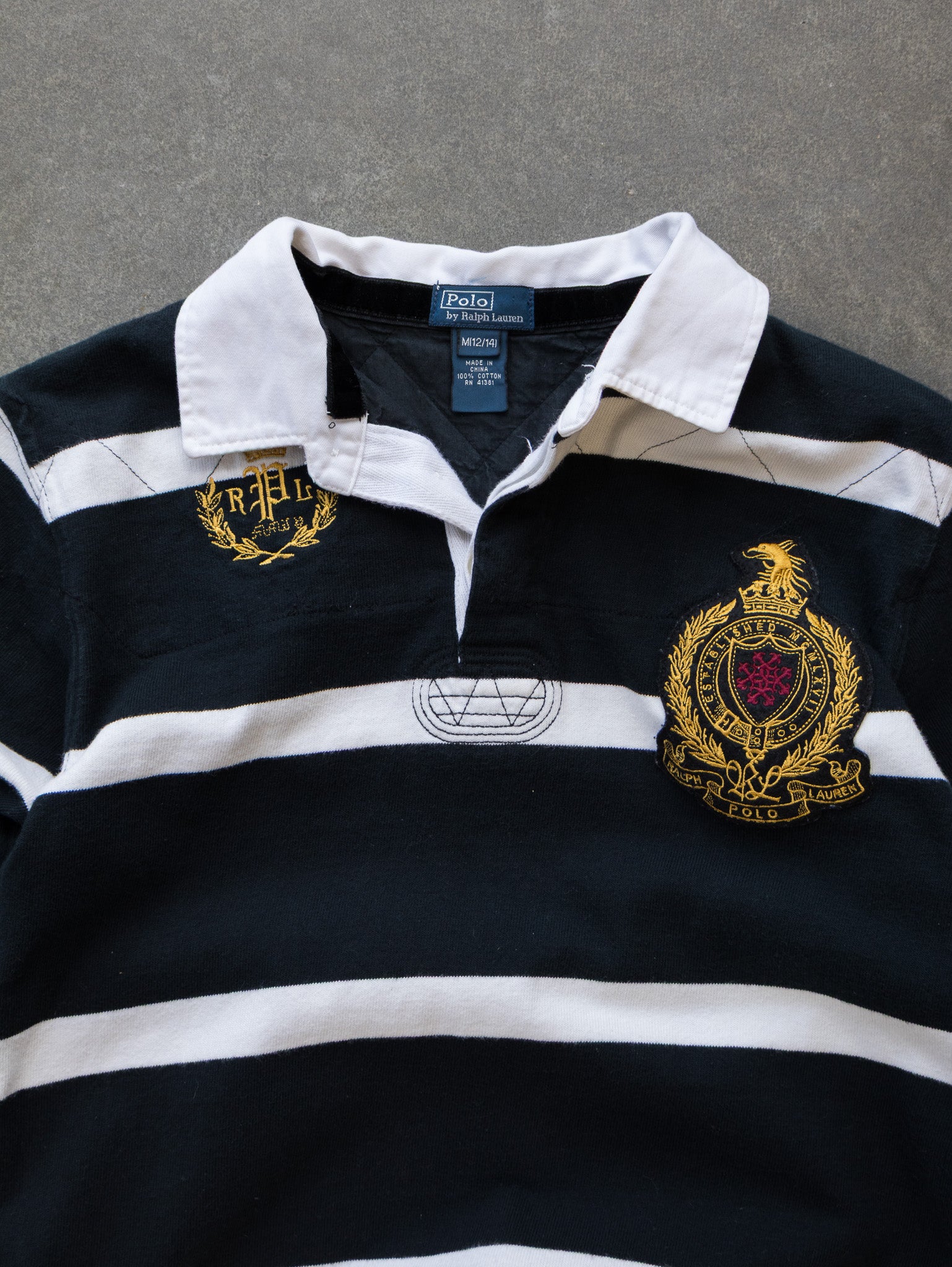 Vintage Ralph Lauren Black & White Striped Rugby Shirt (12–14Y)