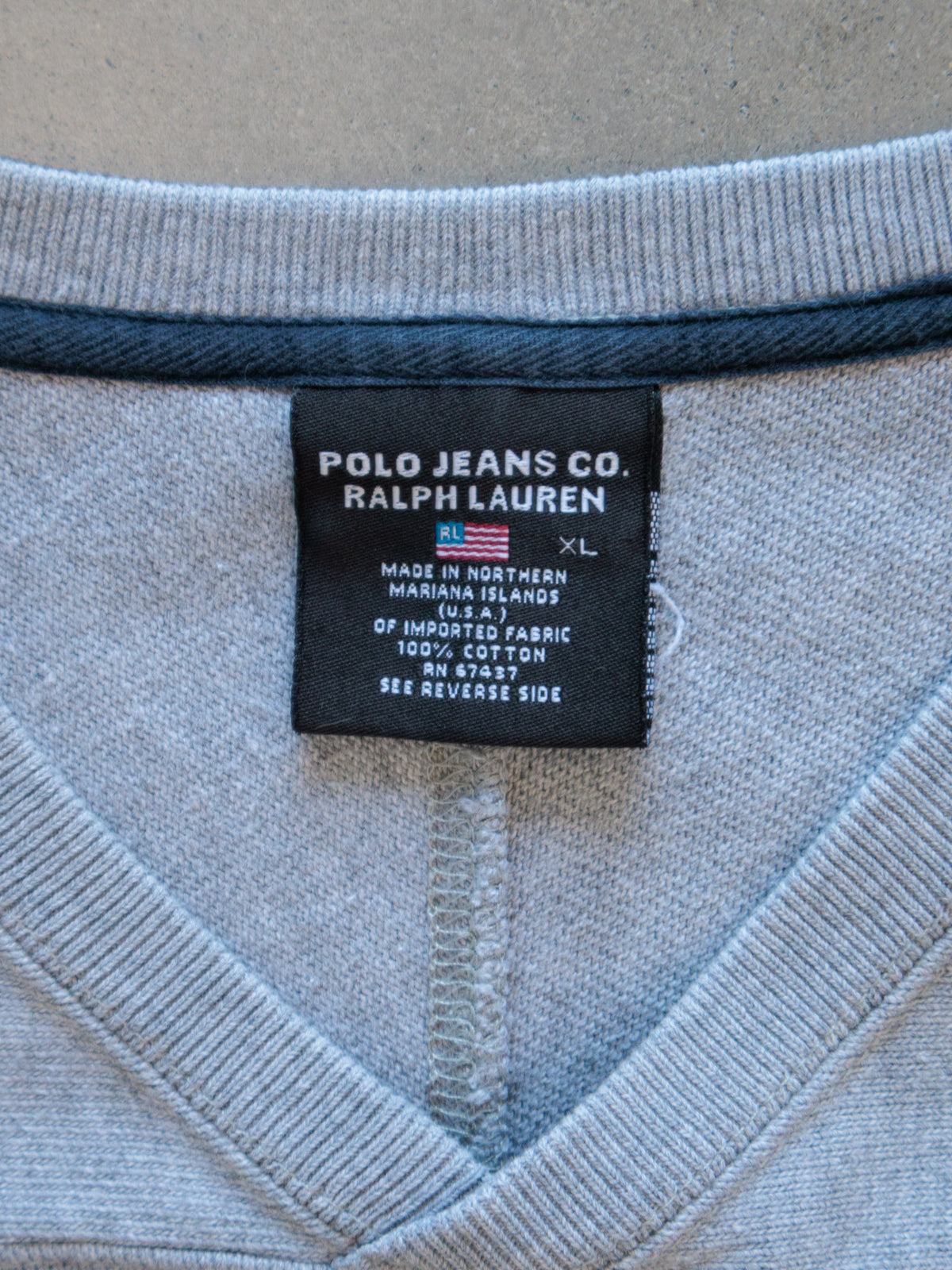 Vintage 00s Grey Polo Jeans Co. V-Neck Long Sleeve Tee (XL)