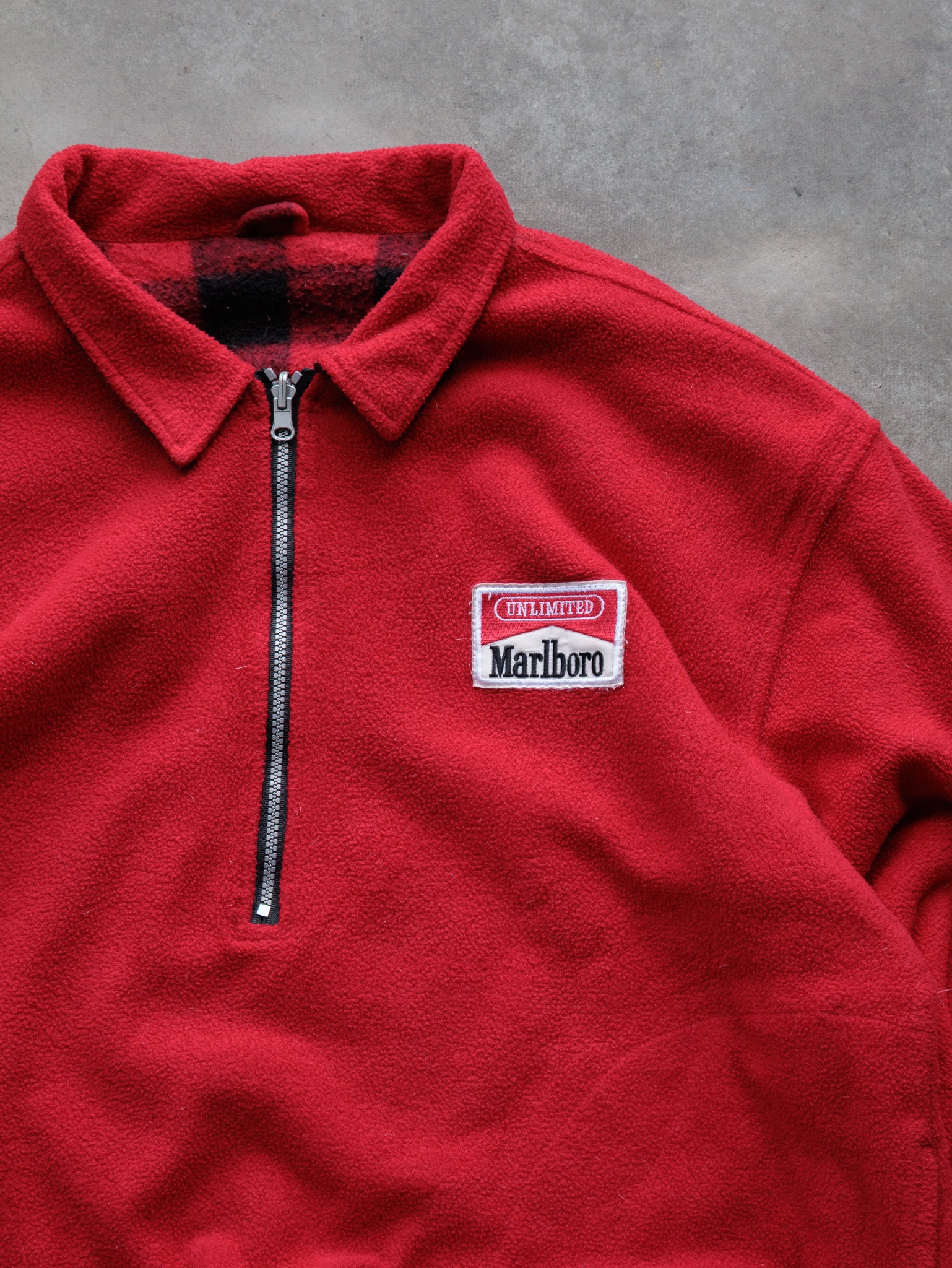 Vintage Red Marlboro Unlimited Reversible Buffalo Plaid Fleece Quarter Zip (-)