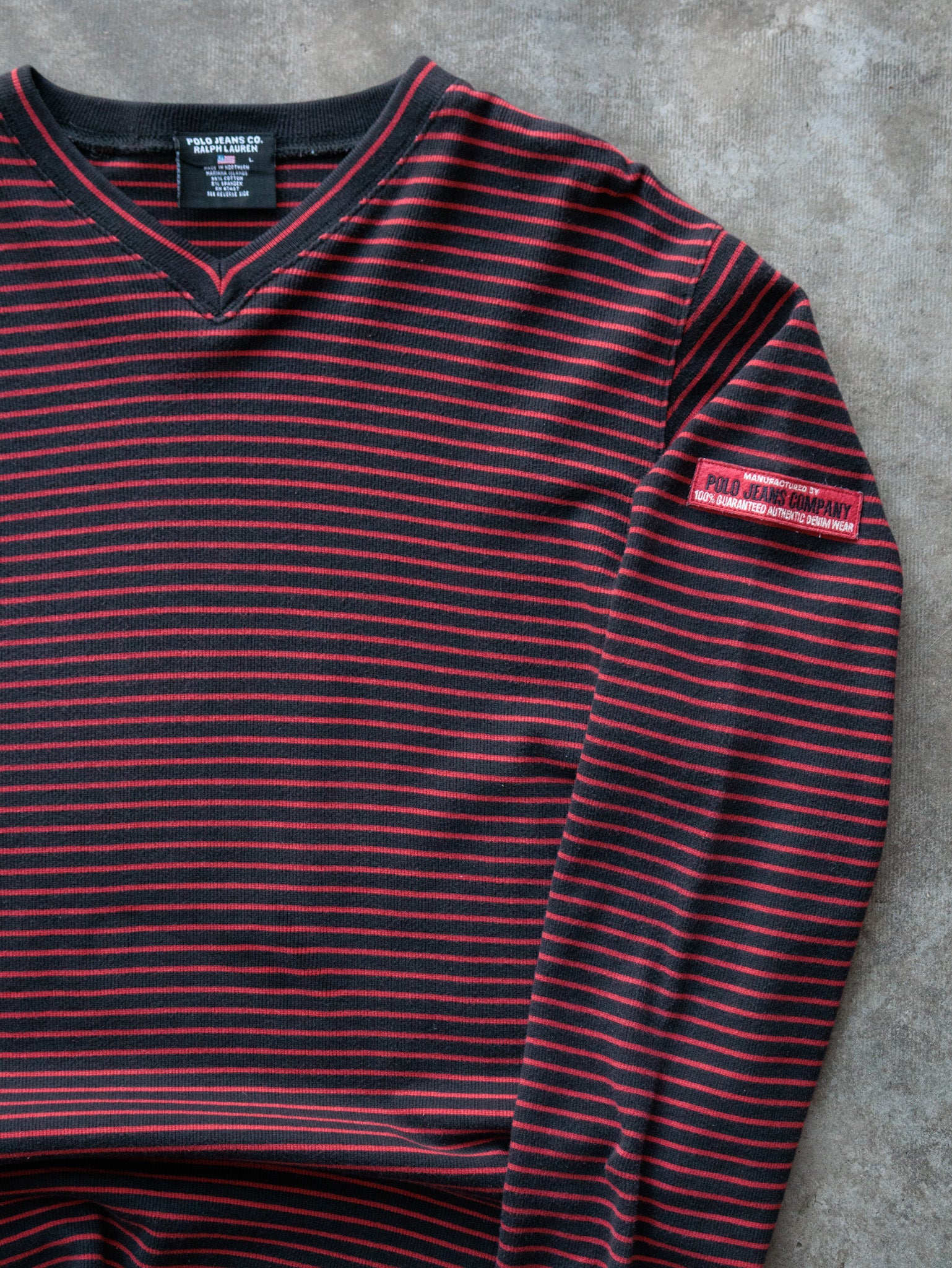 Vintage 90s Black Striped Polo Jeans Co. V-Neck Long Sleeve (L)