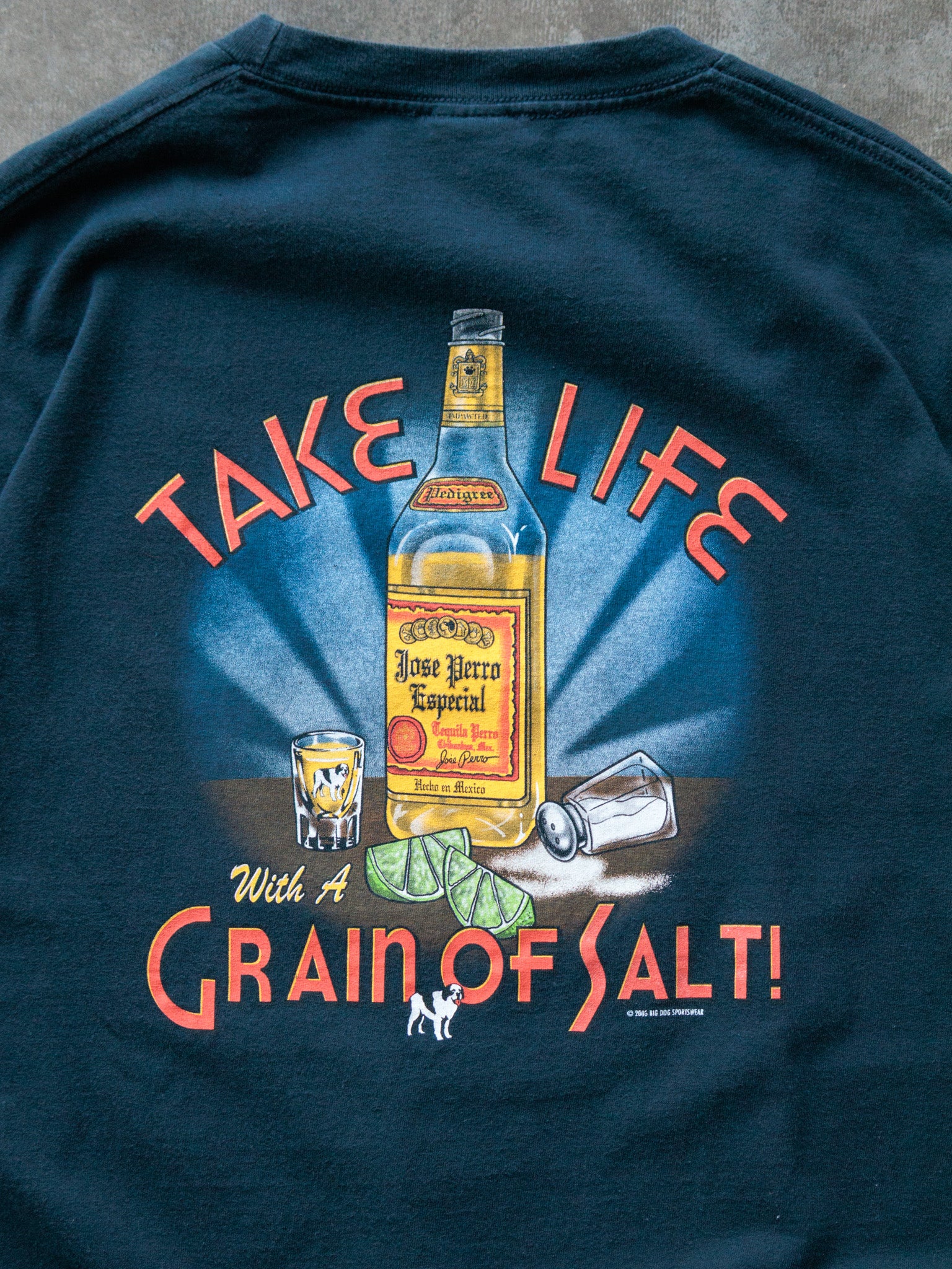 Vintage 2005 Navy Big Dog Sportswear Take Life With A Grain Of Salt Tee (-)