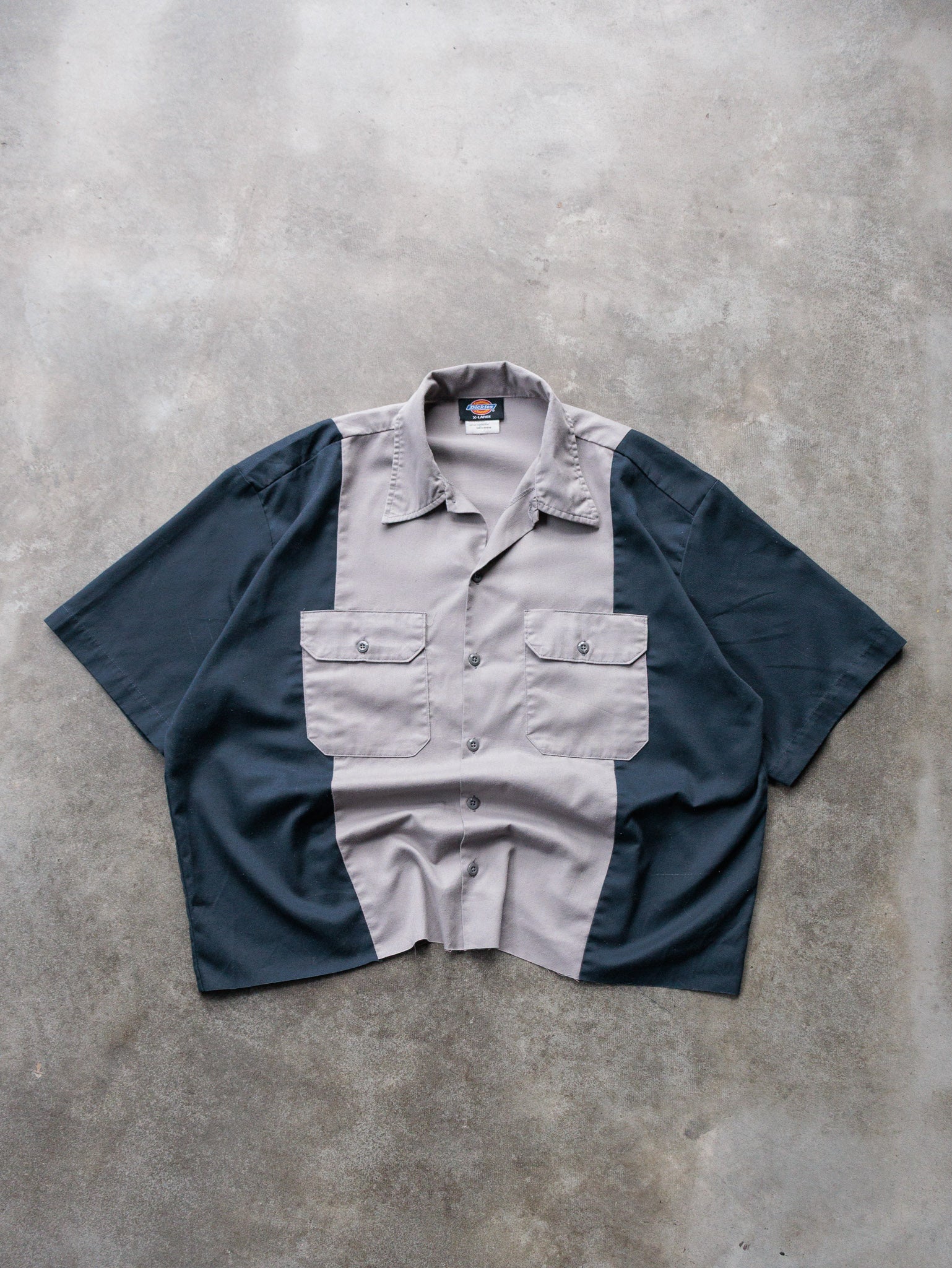 Vintage Grey & Navy Dickies Cropped Work Shirt (XL)