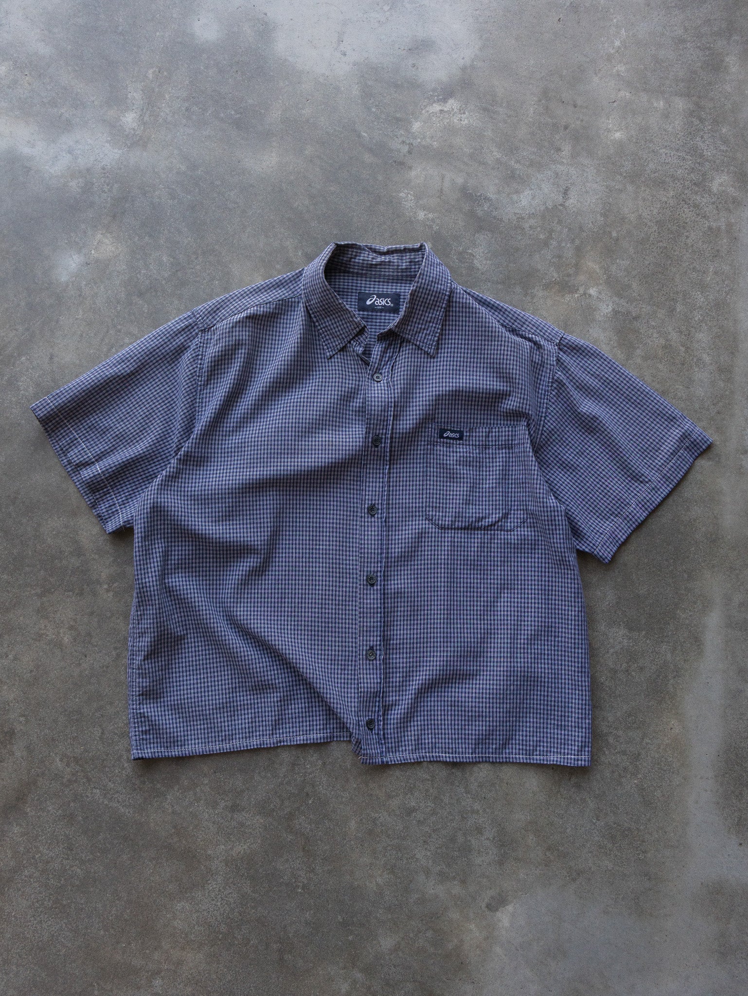 Vintage Asics Navy White Check Cropped Shirt (S)