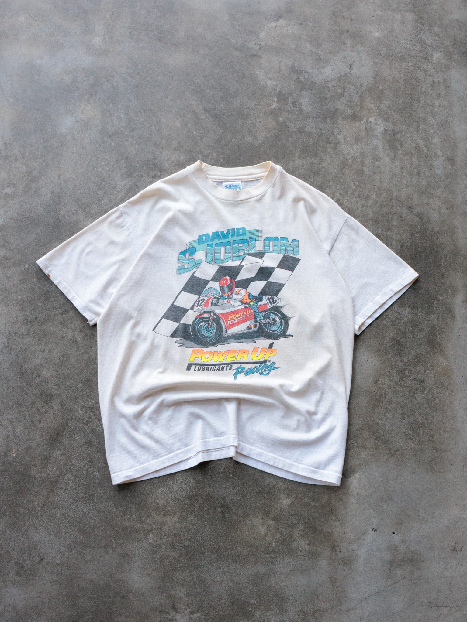 Vintage 90s White David Sjoblom Power Up Racing Tee (L)