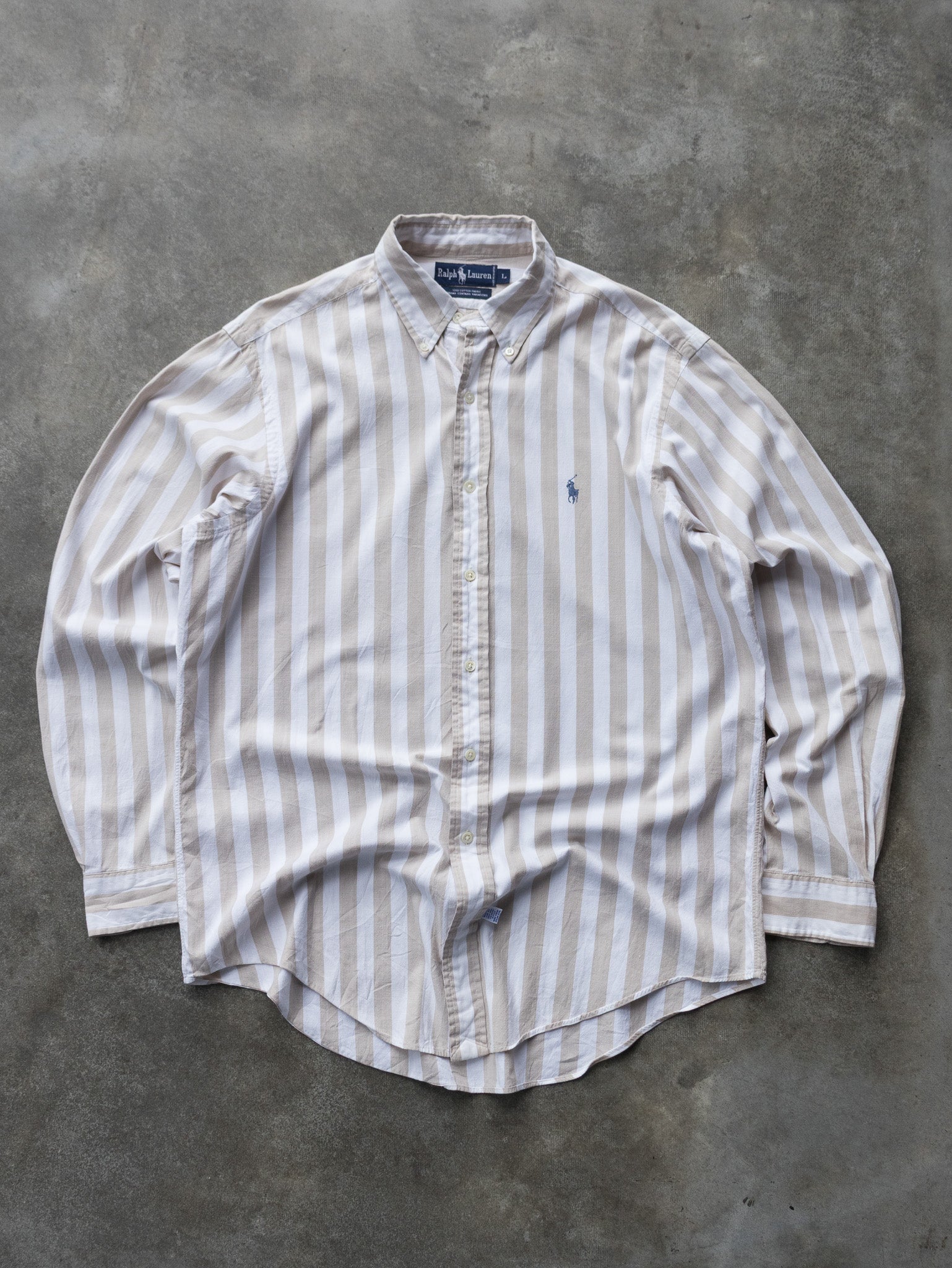 Vintage 90s Beige & White Ralph Lauren Striped Shirt (L)