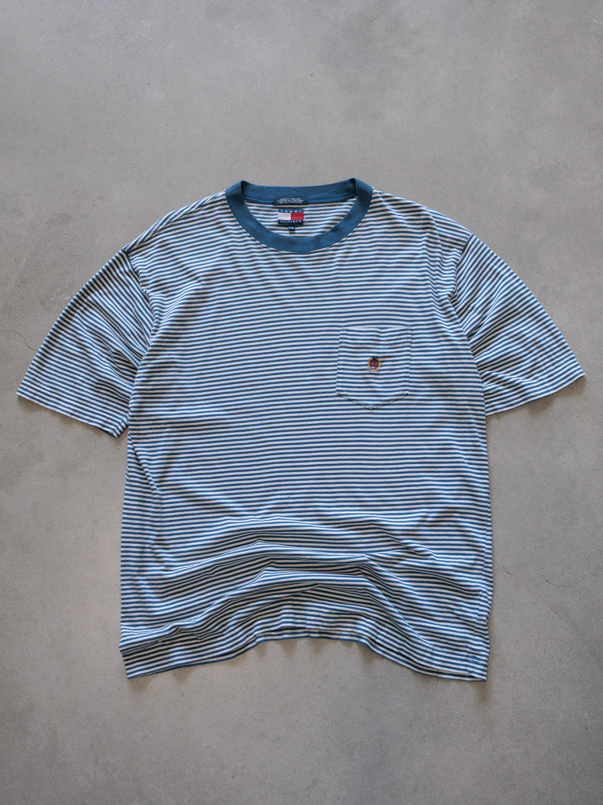 Vintage 00s Blue Striped Tommy Hilfiger Pocket Tee (L)