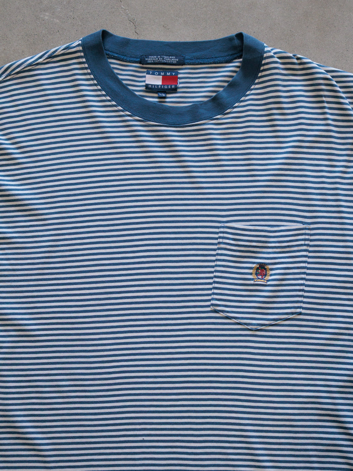 Vintage 00s Blue Striped Tommy Hilfiger Pocket Tee (L)