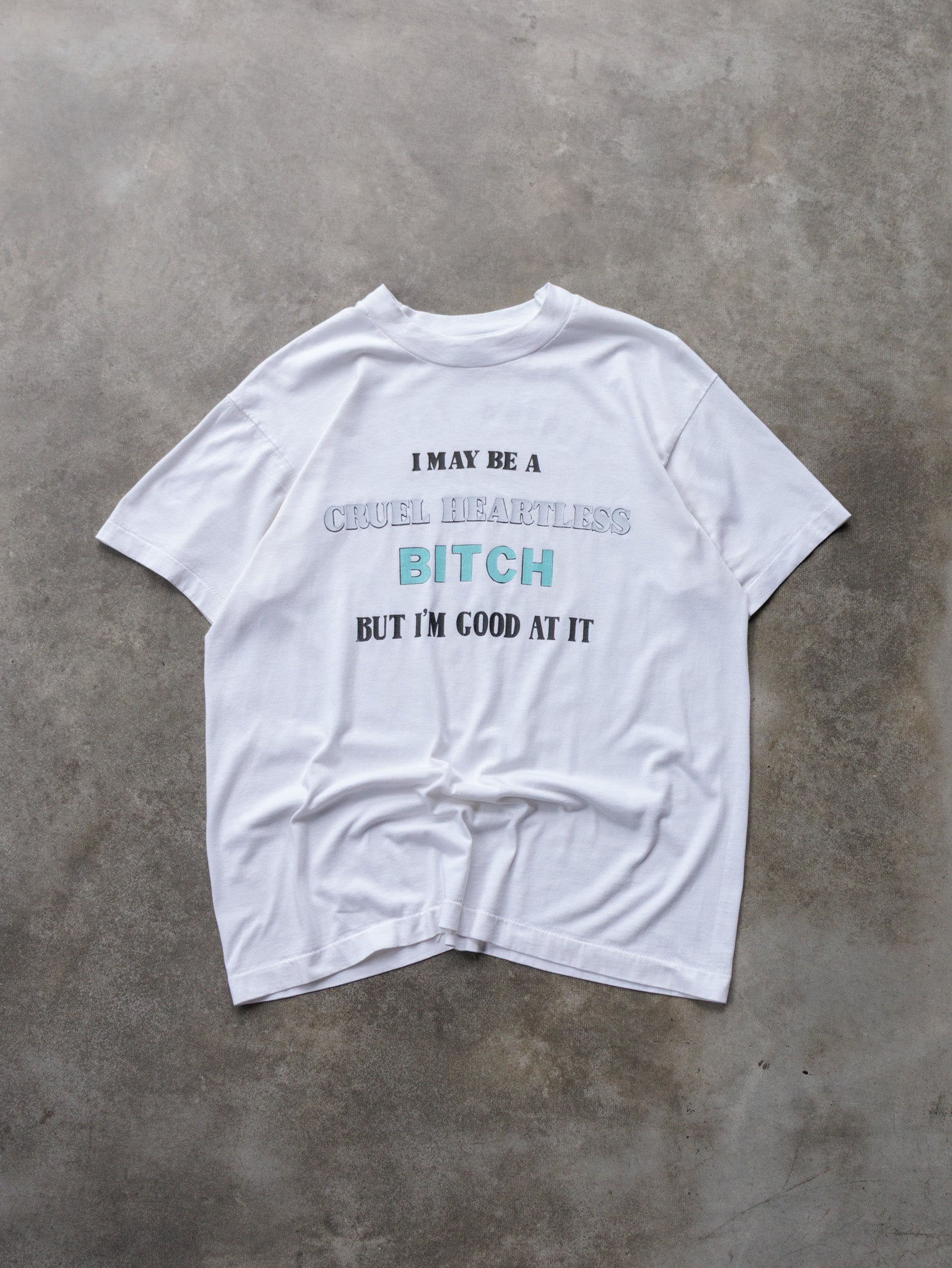 Vintage 90s White Cruel Heartless Slogan Tee (L)