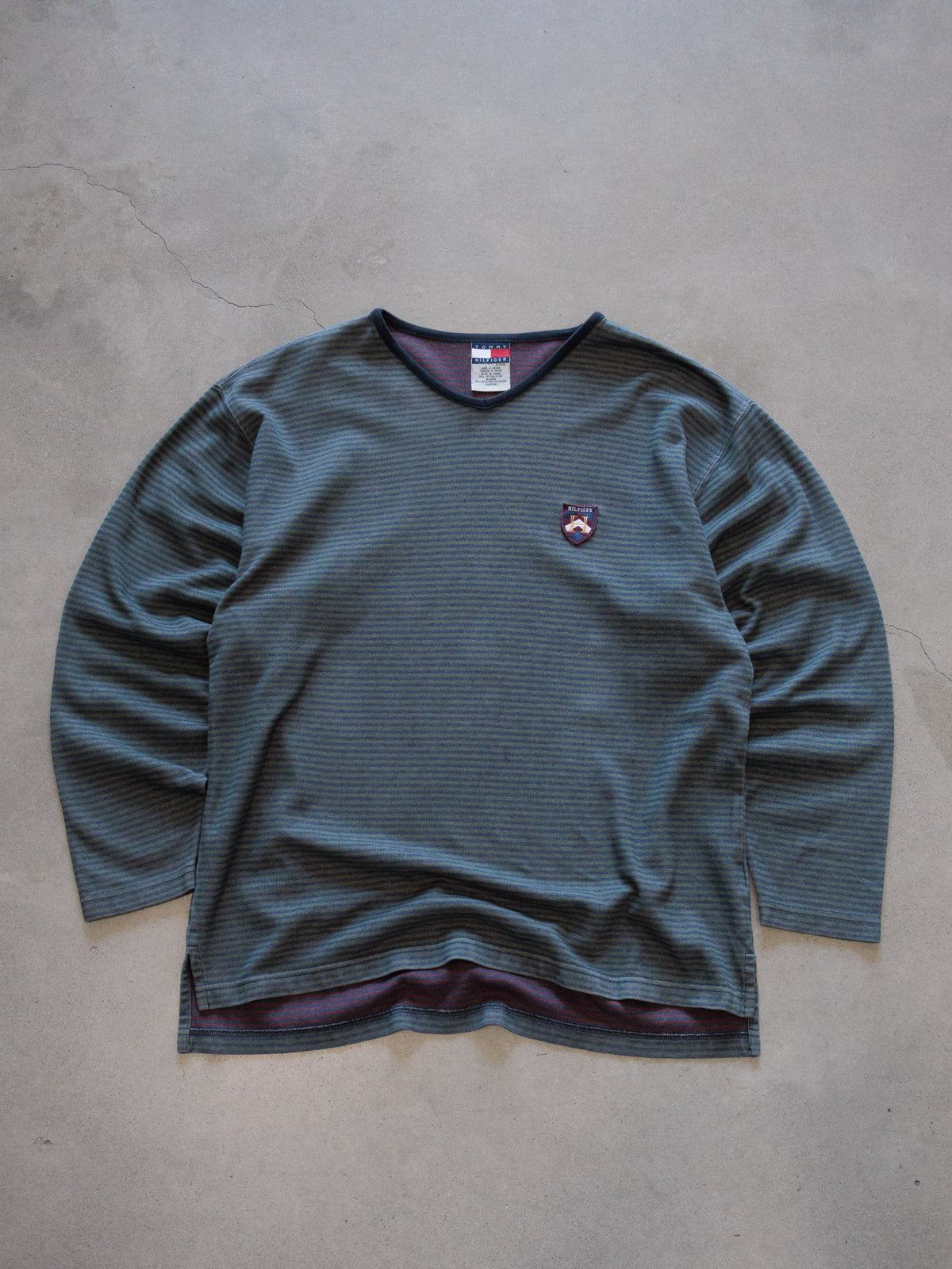 Vintage 90s Green Striped Tommy Hilfiger Long Sleeve Tee (M)