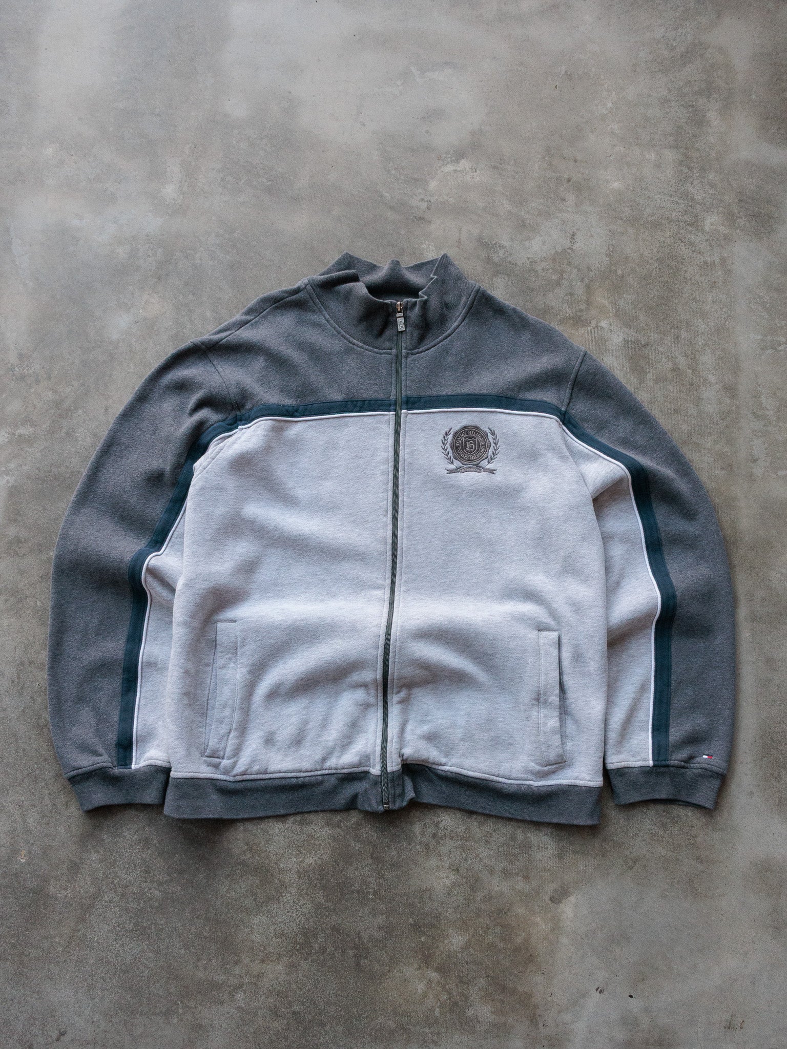 Vintage 00s Grey Tommy Hilfiger Colourblock Full Zip Sweatshirt (XL)