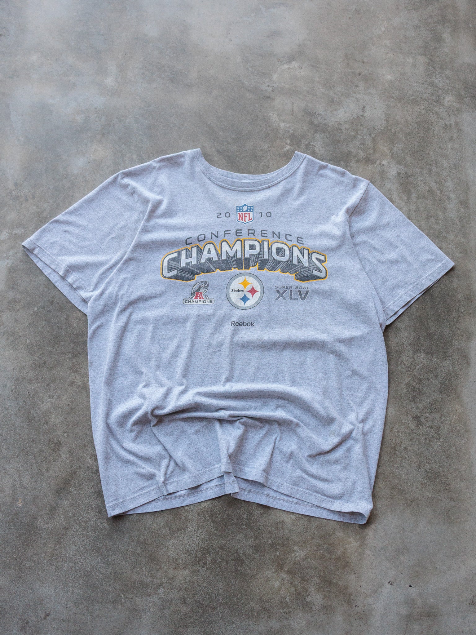 Vintage 2010 Grey Pittsburgh Steelers Conference Champions Reebok Tee (2XL)
