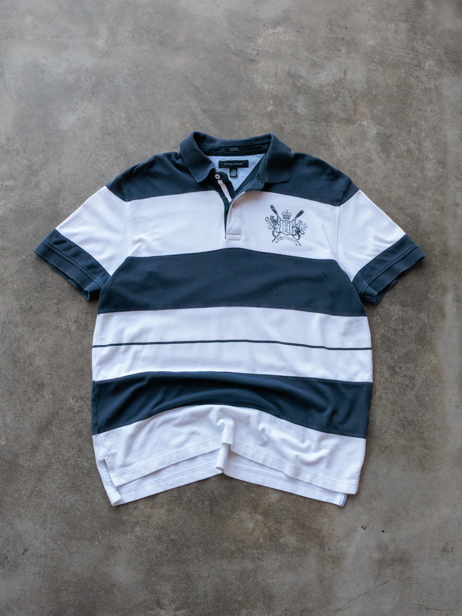 Vintage 00s Navy Striped Tommy Hilfiger Rugby Shirt (XL)