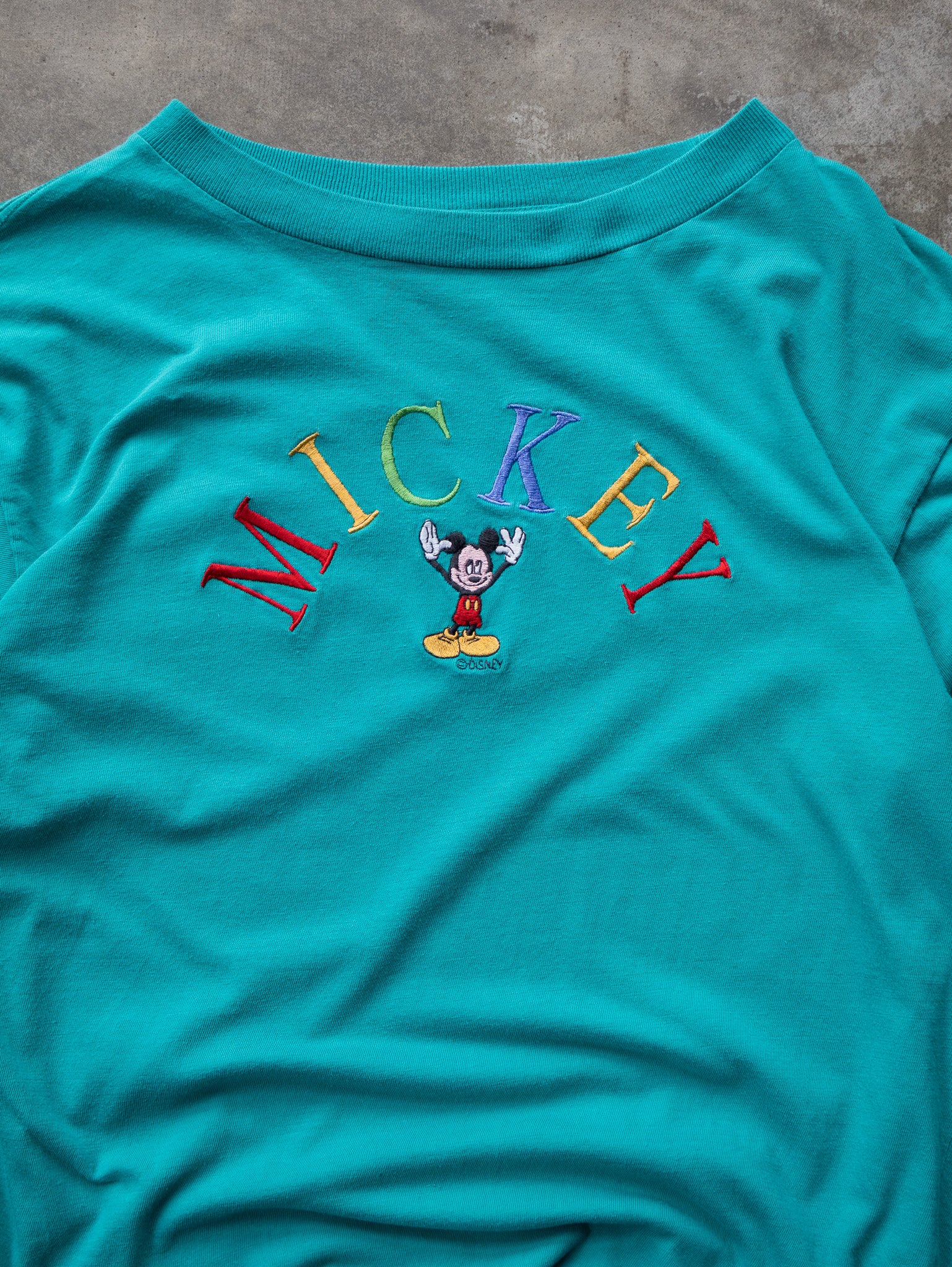 Vintage 90s Teal Mickey Rainbow Spell Out Tee (L)
