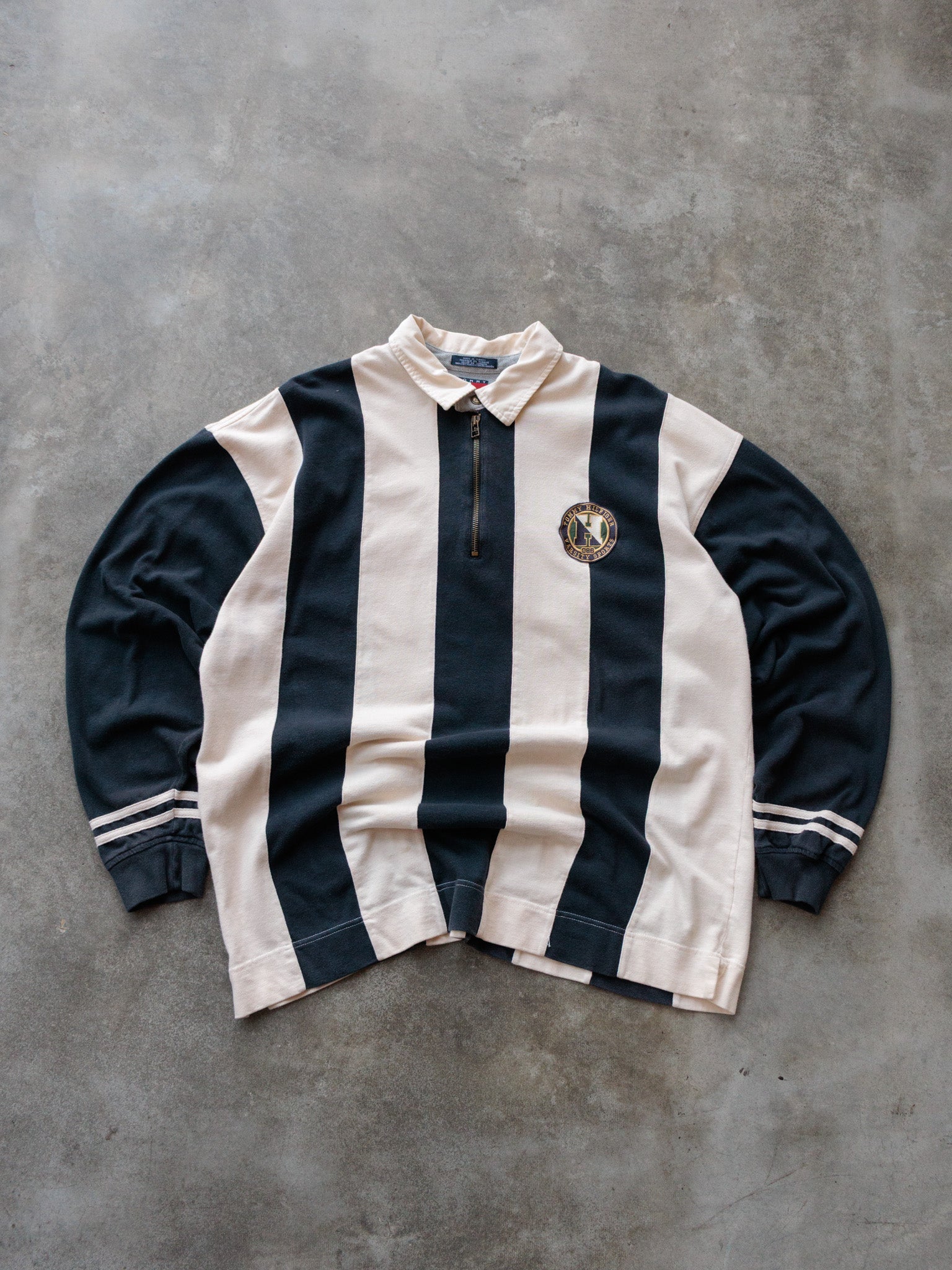 Vintage 90s Navy Striped Tommy Hilfiger Rugby Shirt (XL)