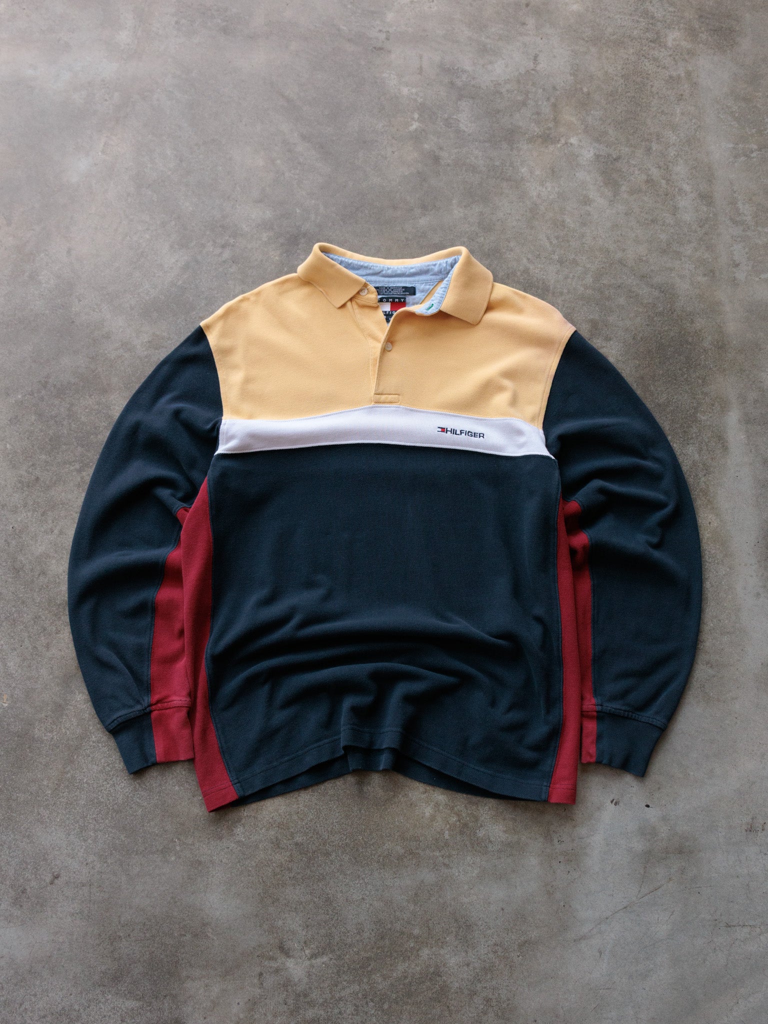 Vintage 00s Navy Colourblock Tommy Hilfiger Long Sleeve Polo Shirt (M)