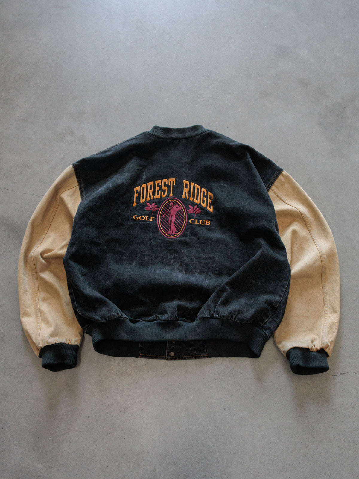 Vintage 90s Black & Beige Forest Ridge Golf Club Varsity Jacket (XL)