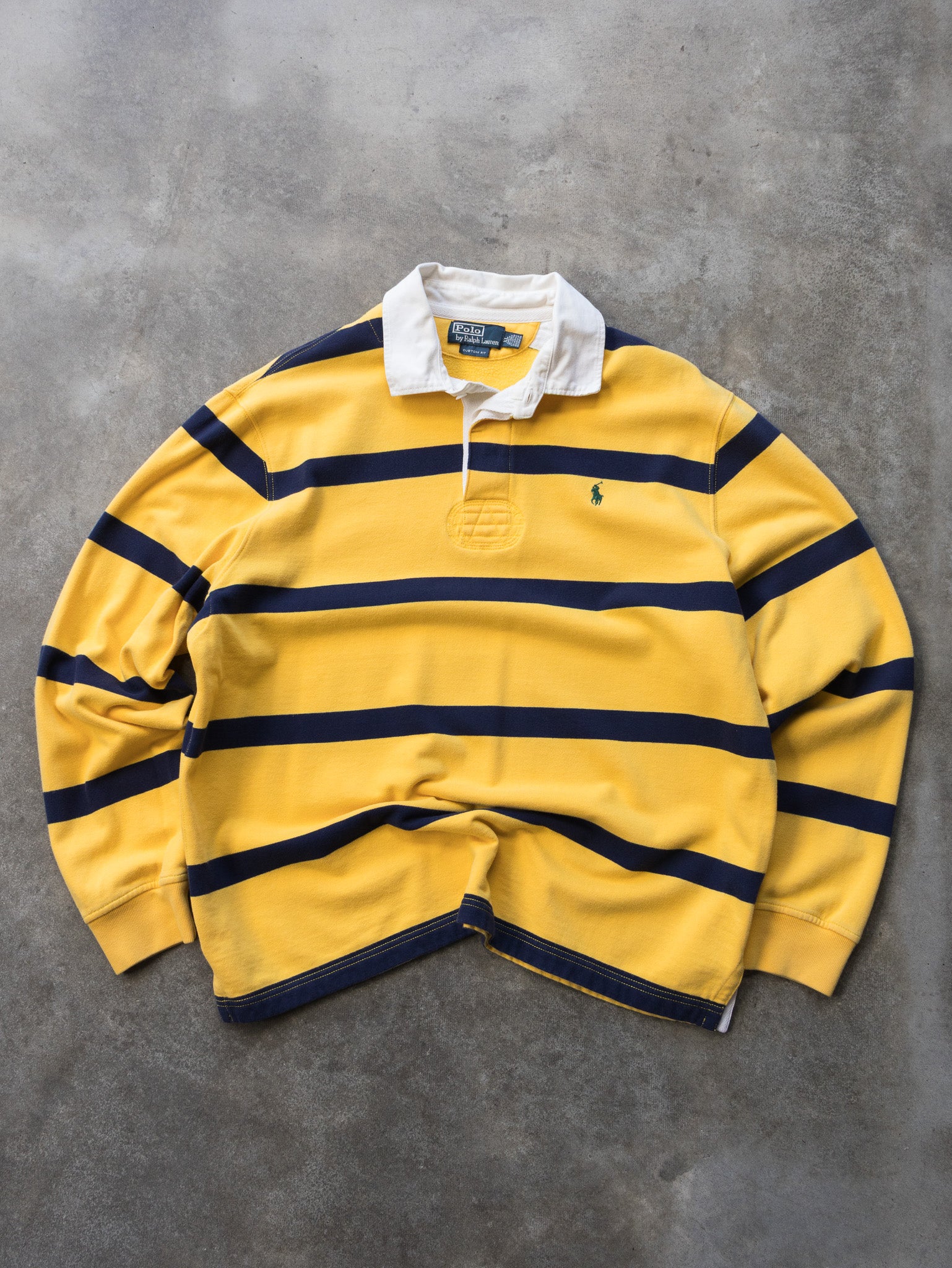 Vintage 00s Yellow & Navy Polo Ralph Lauren Striped Rugby Shirt (XL)