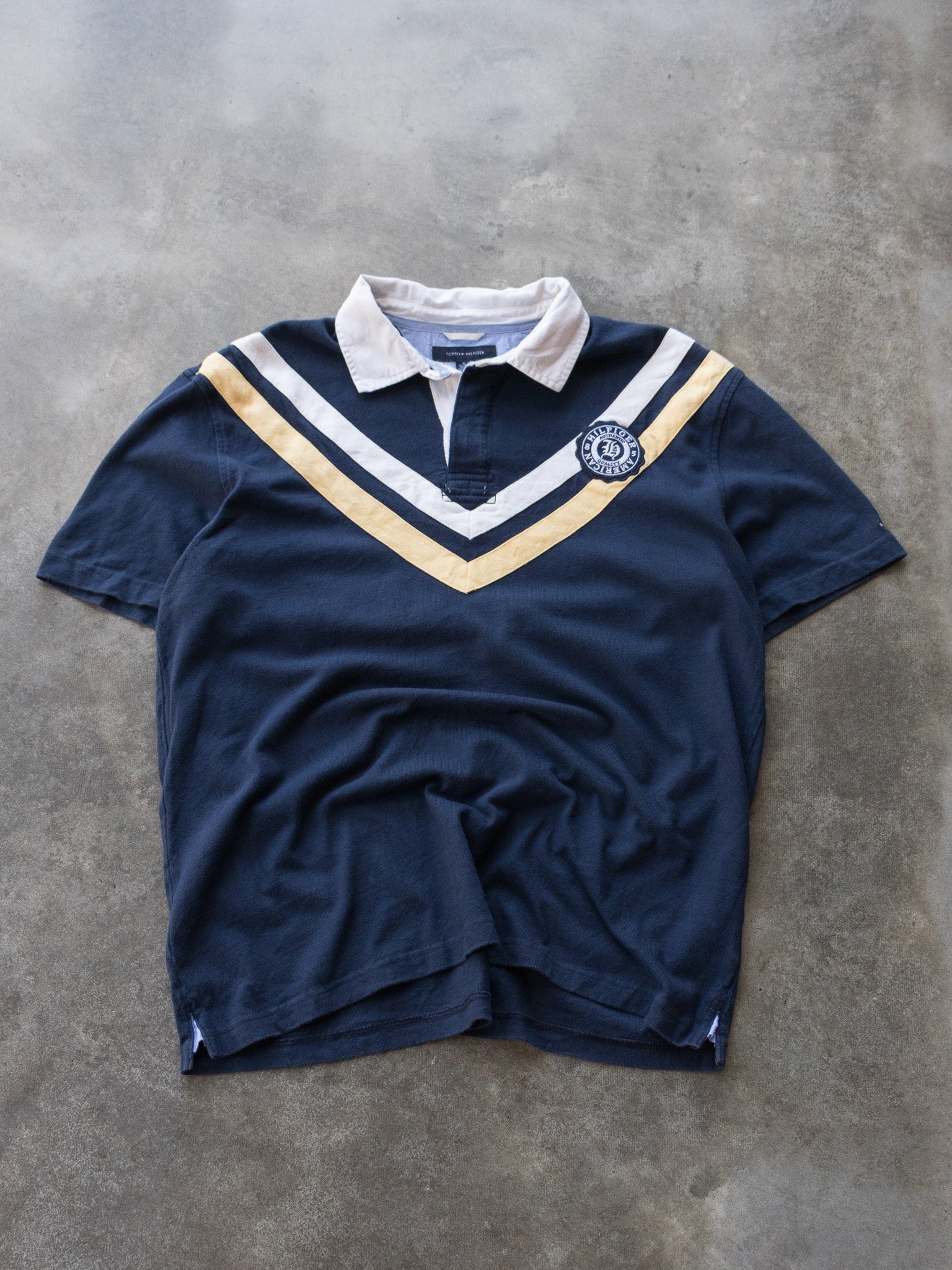 Vintage Navy & Yellow Tommy Hilfiger Chevron Rugby Shirt (XL)