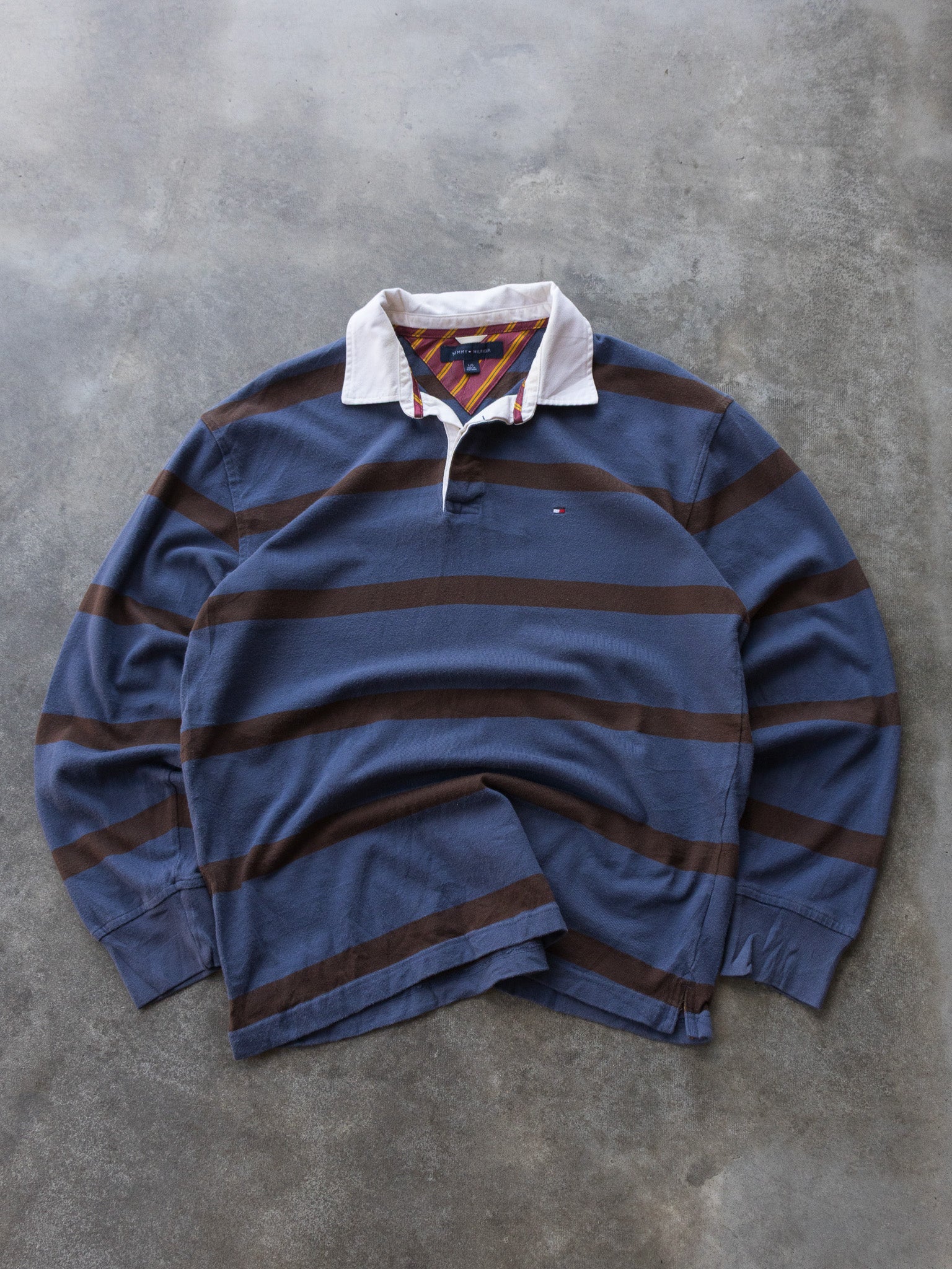Vintage 00s Blue & Brown Tommy Hilfiger Striped Rugby Shirt (L)