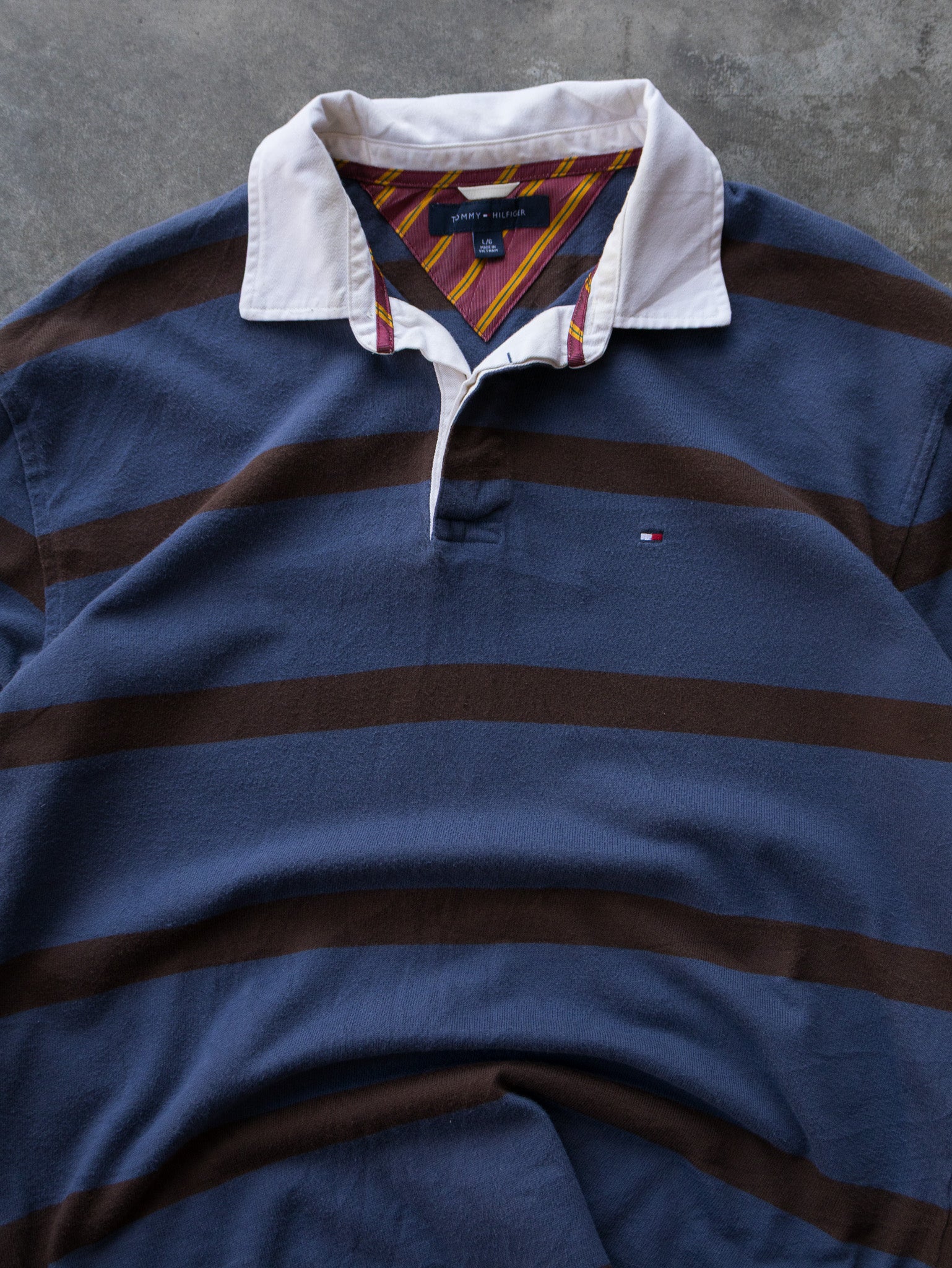 Vintage 00s Blue & Brown Tommy Hilfiger Striped Rugby Shirt (L)