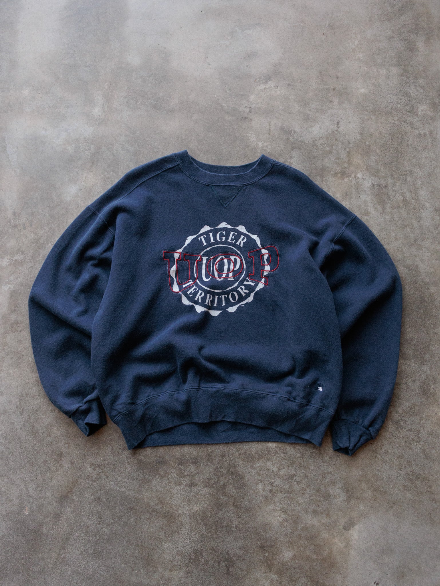 Vintage 90s Navy Russell Athletic UOP Tiger Territory Sweatshirt (L)