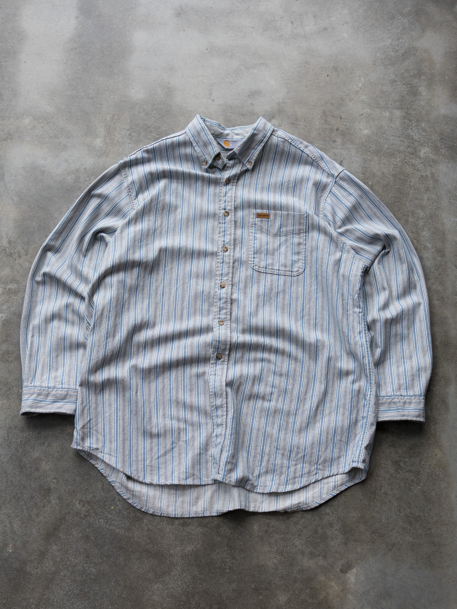 Vintage 90s Blue & Beige Carhartt Striped Shirt (2XL)