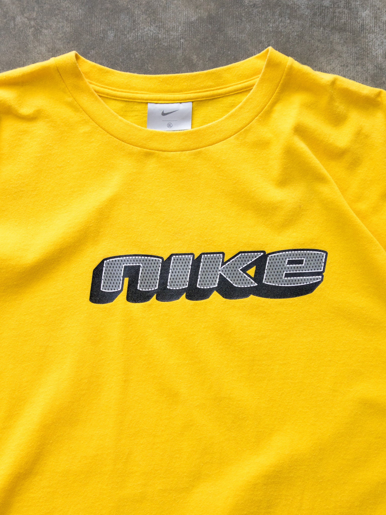 Vintage 00s Yellow Nike Spell Out Graphic Tee (XL)